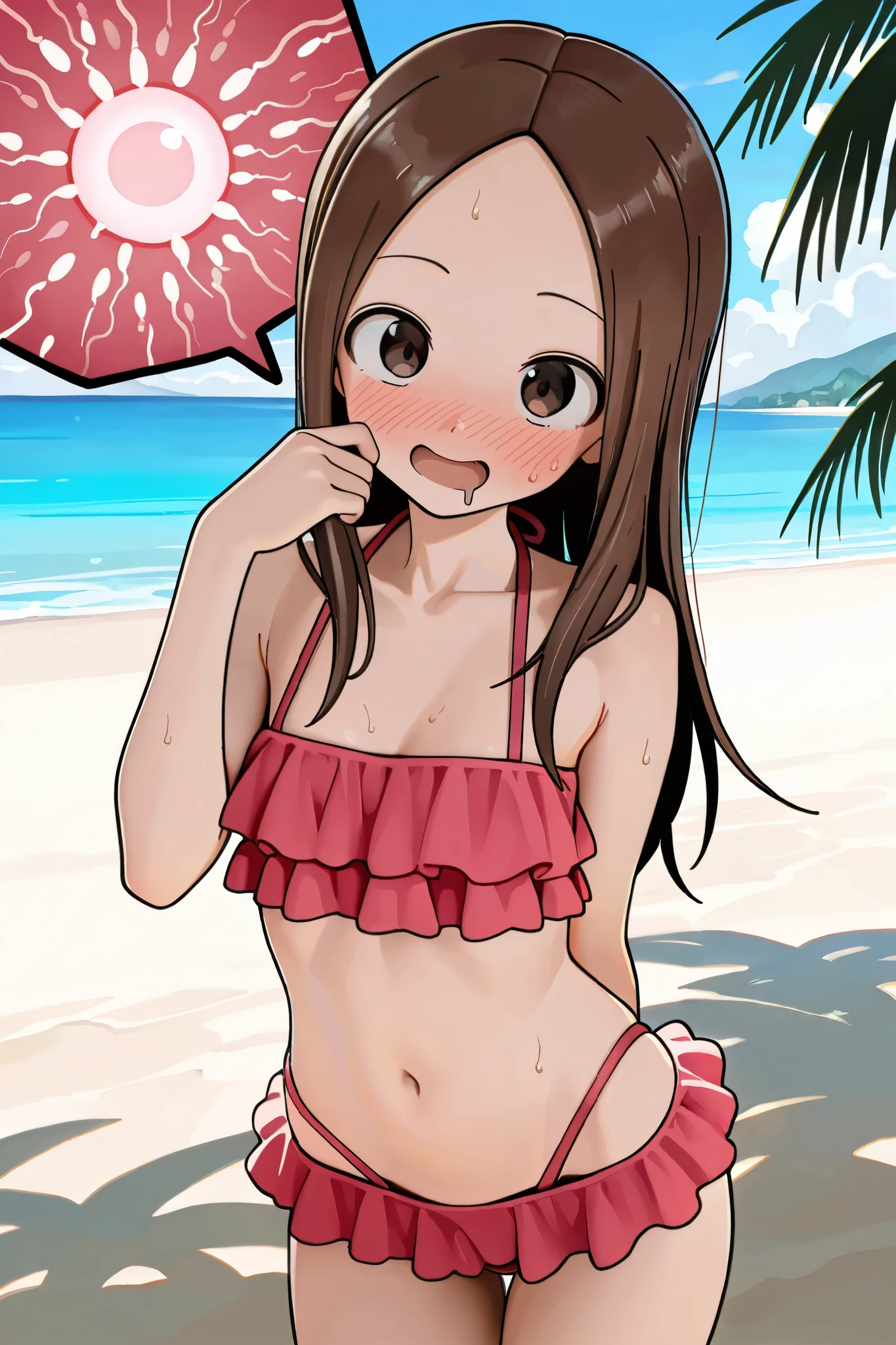 NSFW, Masterpiece, top quality, high resolution, very detailed,Takagi\(からかい上手のTakagi\), with long hair 、 Hair,Forehead、clavicle, Frilled Bikinis , high leg bikini,For pink snoring, multiple straps,beach, palm trees, body is wet from the sperm, are sexually harassed,Embarrassed,blush, open your mouth,Drooling