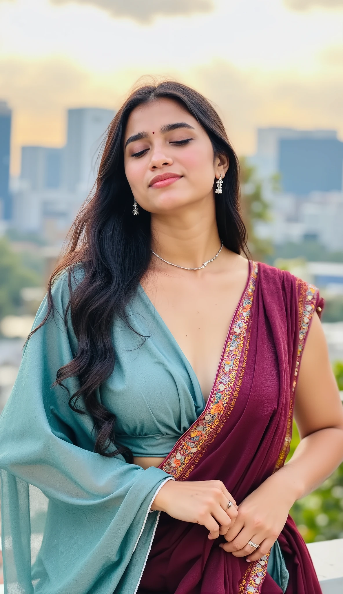 masterpiece, malaysian girl, indonesian girl ,ultra realistic,32k,intricate details, sharp focus, realistic, closed, black eyes, jewelr, lips, realistic, looking_at_viewer, wet skin, shiny skin, SHORT SLEVES, bali, balinese, cityscape, transparent standing pose,(( maroon blue kebaya)),cute smile, smiling beauty,perfect breast, big breast, full body,busty body,curvy body,long hair,beauty face,A half body of woman in a bright colourful gown posing for a perfect loop lighting photoshoot, light colourful bra, lacey, posing in bra, gorgeous woman, cleavage, wavy lingeries, angela white, jaw-dropping beauty, wearing bra, (cinematic realistic Modern City background behind her), curvy model, sexy push up bras, attractive girl, (((big breasts))), busty, with large breasts, attractive woman, jaw dropping beauty, (long wavy thick hair), (((big body shape))), ((Modern City)), ((wearing a gown dress)), (dramatic lighting), (sharp focus), (intricate), fashion, realistic skin texture, (( perfect anatomy)), ((detailed face:1.2)), ((detailed facial features)), (finely detailed skin), masterpiece), (perfect proportion), (realistic photo), (best quality: 1.6), (detailed), (vibrant colors)