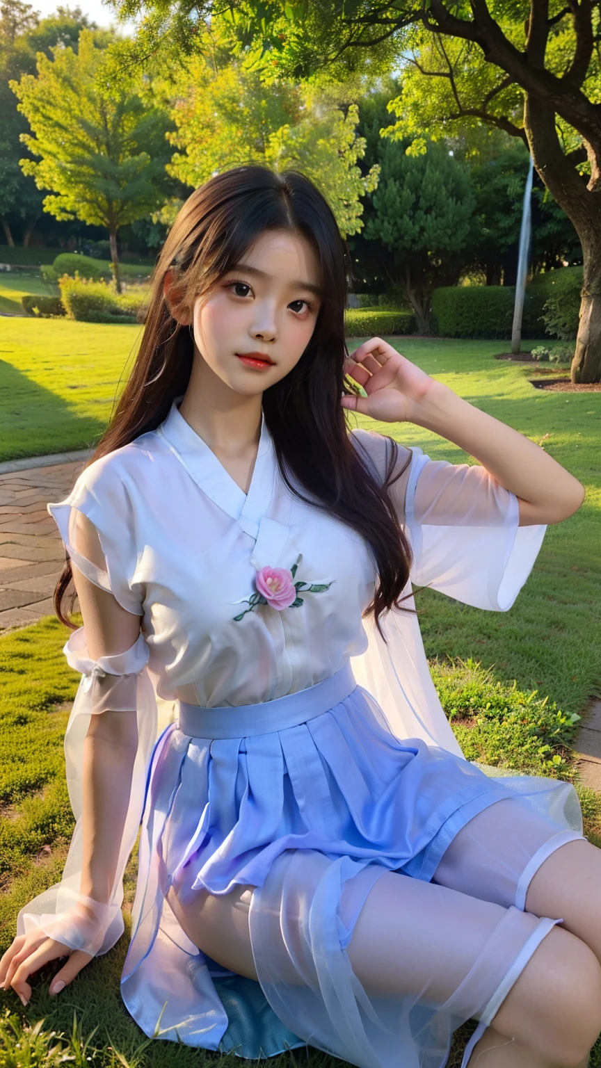 Master quality, highest quality, best picture quality, exaggerated details, a cute 8 year old asian with a shy expression, slightly squinted eyes, adjusting her hair, long eyelashes (long hair / very, very exaggerated big breasts _ tits / in hanfu chinese very wet body, thin cloth silk embossed pattern, short skirt silk), posing sit in front of the camera, wet throught rain, very wet body, thin cloth embossed pattern, pink white cloth, violet