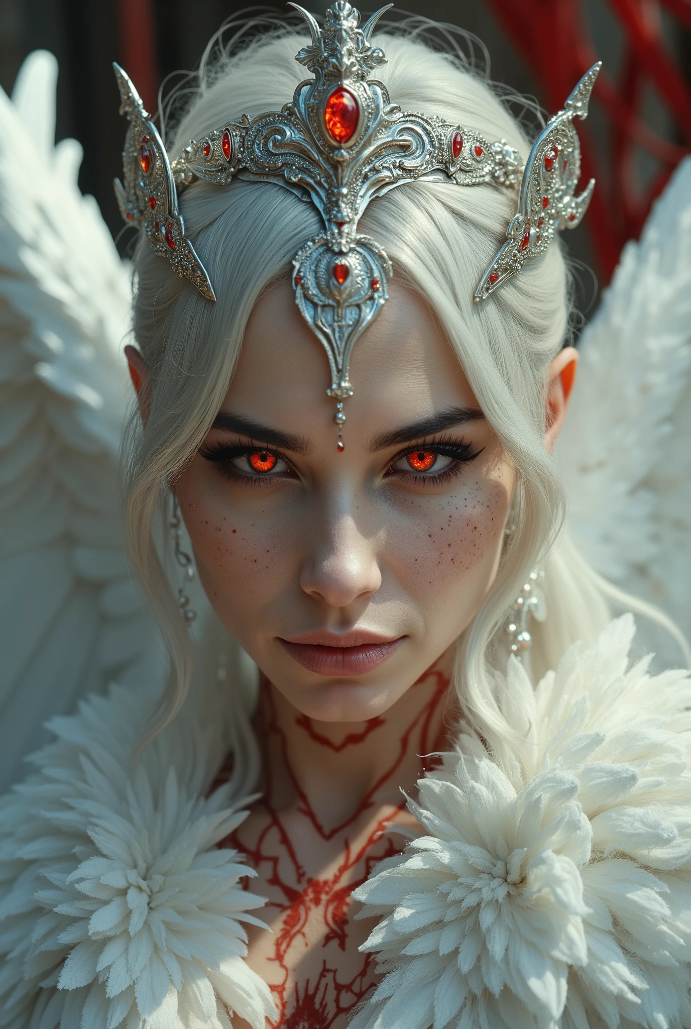 shining red eyes, eyes in fire, beautiful angelic mature woman with large feathered white wings, glowing red veins, fractal veins, red glowing veins, glowing veins, bright glowing veins, burning eyes, short white hair, white pale skin with red tattoos and markings, gracious face, detailed fantasy portrait, exquisite mystical valkyrie, sky temple background with red ornaments, silver and red giant crown, hyperrealistic, octane render, intricate wings, piercing eyes, delicate features, dramatic lighting, vibrant colors, highly detailed, cinematic composition, masterpiece, 8k