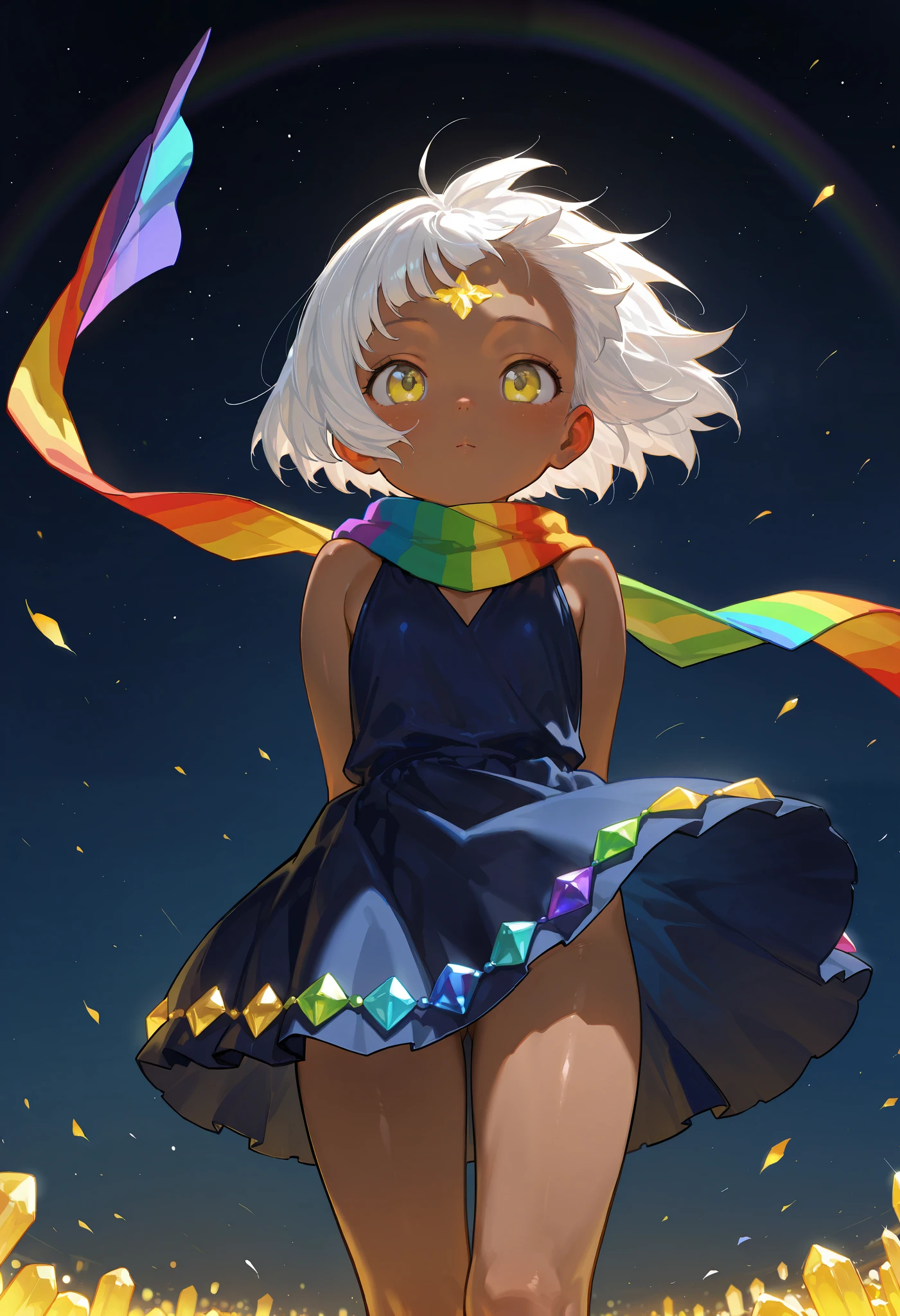solo, score 9, score 8, score 7, Best quality::2.5, artwork::2.5, Masterpiece::2.5, Beautiful features, good anatomy, realistic look, beautiful details, Close up, detailed eyes, Night, rodecchi, (Yellow crystal on the forehead), , Little, cute, Brown skin, (White hair), Short hair, ((Big bangs)), beautiful hair, (Bright yellow eye), gojo eyes, (Rainbow scarf), Just a scarf tie, Bare shoulders, (Dark blue dress), (Colored crystals on skirt), simple dress, (Extremely short dress), blue sandal, Bare legs, Wind, bottomless,
