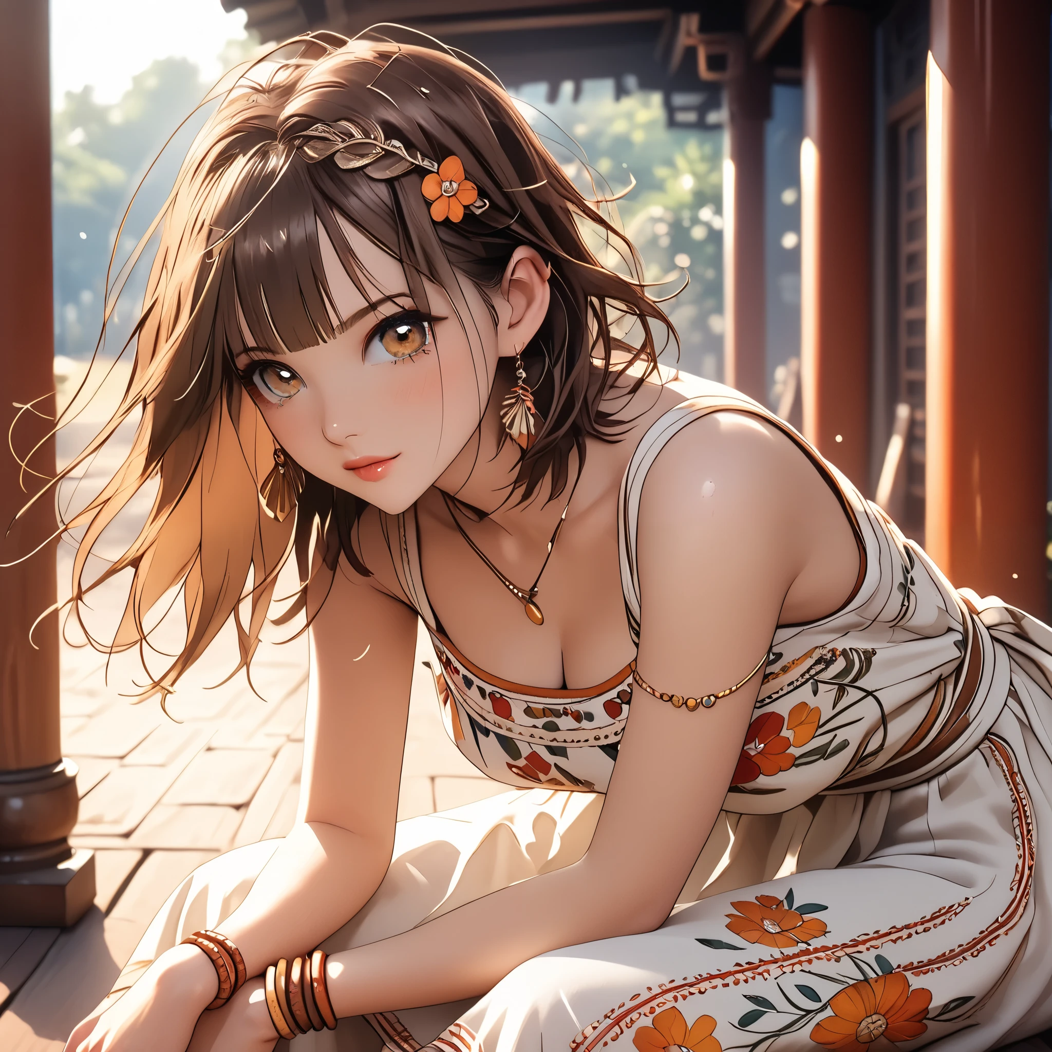 (beautiful girl:1.3),1girl,masterpiece,Highest quality,Ultra-high resolution,rich contrast,super high quality,8k,Highly detailed CG unit wallpaper,texture,Incredibly absurd,Ultra-high resolution,Highest quality anime,professional photograph,an extremely delicate and beautiful,RAW Photos,Depth of Field 1.2,ultra-detailed eyes,Glitter Effect,Beautiful glossy lips, 25years old, gorgeous legs, noise perfect, gorgeous ass, dynamic pose, sensual woman, seductive woman, mature woman, Milf, maternal, shy look, full body, (type of photo: medium shot, portraying the person from head to waist), chinatsu kano, short hair, brown hair, brown eyes, medium breasts,Kano Chinatsu from the Blue Box series, Boho Set (Adventure and Freedom): Top: Sleeveless linen blouse in terracotta tone with floral embroidery in white thread, with a "V" shaped neckline and thin straps.
Bottom: Long skirt with a wrap-around cut, with a multicolor ethnic print in warm tones (red, orange and yellow). The skirt has a lace fringe at the bottom edge.
Shoes: Brown leather sandals with thin straps and beaded details. Accessories: Wooden bracelets, silver rings and a straw bag with leather details.