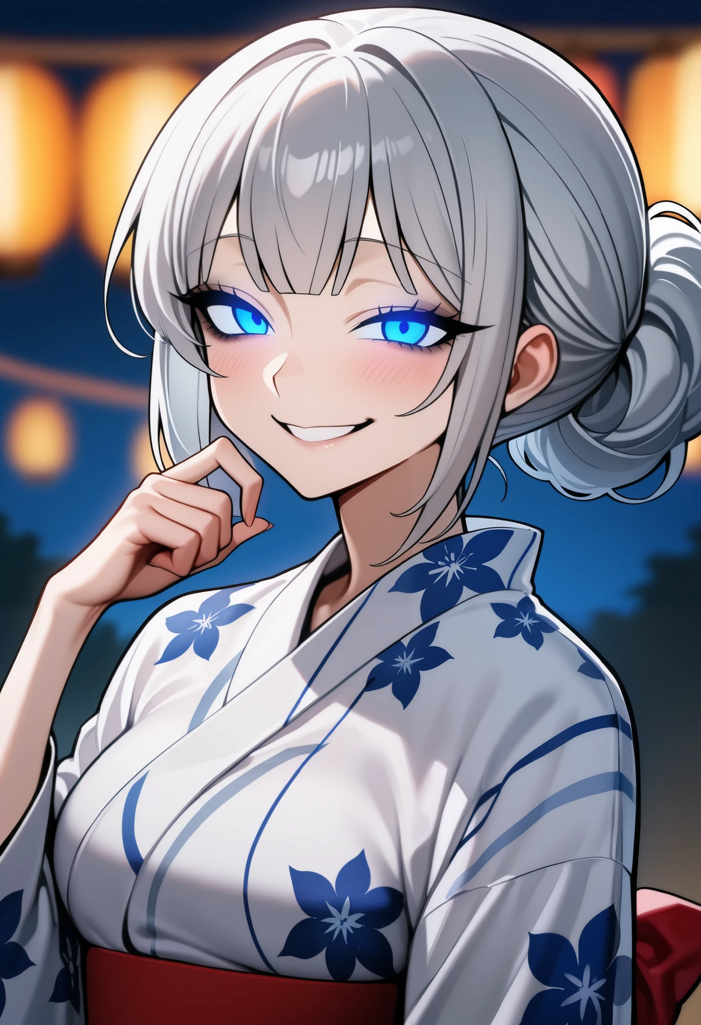 A woman possessed by a fox, Silver Hair,Blue Eyes,yukata, smile, doya face