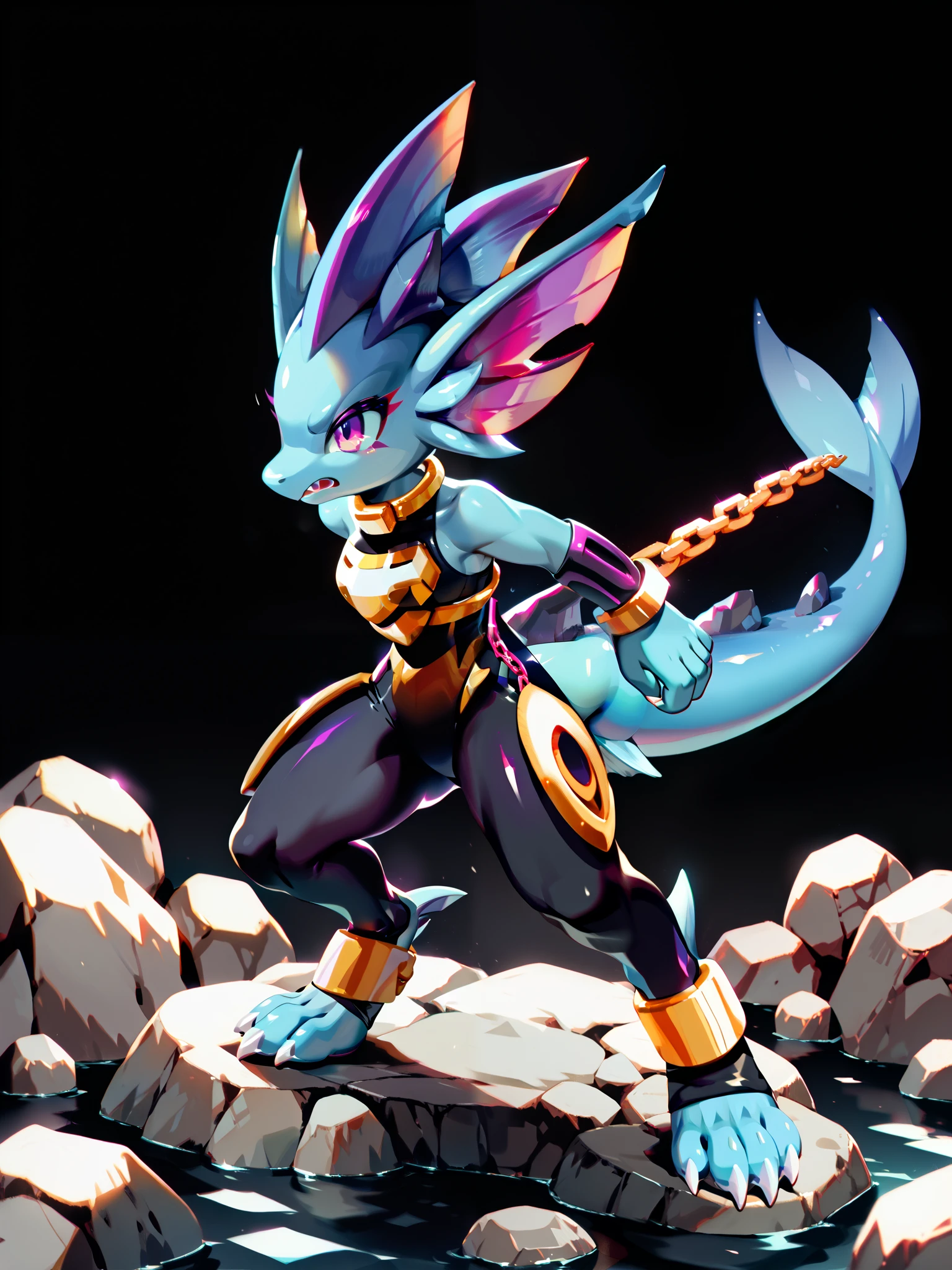 Anime, ((anime style)), solo drawing, solo, ((Solid Black Background)), ((vivid purple eyes)), ((draconic ear fins)), ((head fin)), ((tall figure)), ((chained to a rock)), ((digitigrade legs)), ((digitigrade feet)), ((highly detailed anime style)), clean lines, claws, Merga from freedom planet 2, female, light armor, blue skin, black armor with gold trim, white claws, short muzzle, leg armor, ankle armor, black leggings under armor, ((wrists chained to a rock)), ((ankles chained to ground)), ((struggling against chains))