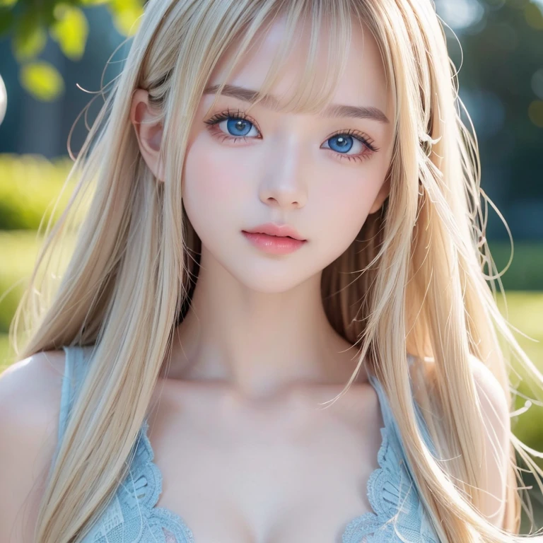 1 Girl, very messy blonde hair, Super long beautiful blonde、Very beautiful super long shiny hair、Bangs between the eyes、bangs on the face、Very beautiful cute face、Very cute beautiful girl、Very white, shiny, radiant skin、solo、super high quality、Hard Focus、Film Grain、Ultra-high resolution、masterpiece、Beautiful detailed, clear, sparkling, light blue large eyes、Very big eyes、Small Face Beauty、Round face、