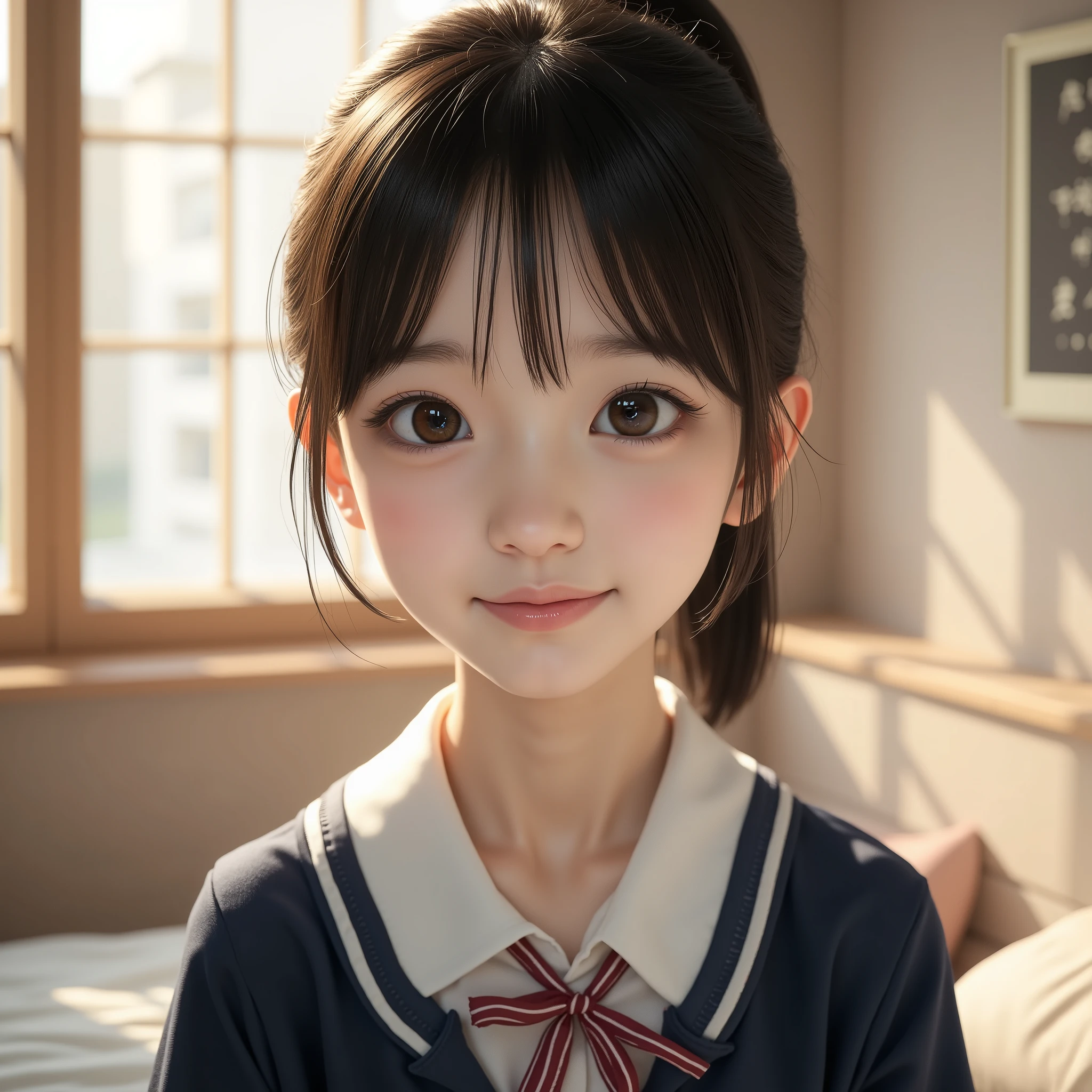 1 girl,3DCG, 3D character ,(とても cute女子高生:1.3), Masterpiece, top quality, high resolution,((( photorealistic:1.4))), RAW photos , ray tracing, Physically Based Rendering, beautiful girl,(:1.4), white skin, cute, beautiful, attractive, Japanese,A faint smile,(detailed pupils:1.2),(The face is facing straight ahead:1.3),The body is facing forward,( big eyes:1.4), pretty eyes,Beautiful nose,Upturned nose, plump lips ,Short black hair, ponytail,( short hair:1.3),Detailed eyelashes, thin eyebrows, very fine eye definition,(silver ratio:1.3),( face close-up, face focus:1.2), small breasts, slim figure in the bath,Short neck,Round shoulders, school uniform , navy blue blazer, white shirt, bow tie,thick ribbon-shaped tie, upper body, girls' room, 's room, bed,machine,Early summer sunlight streaming through the window,Soft diffused light, movie lights, high resolution, very detailed