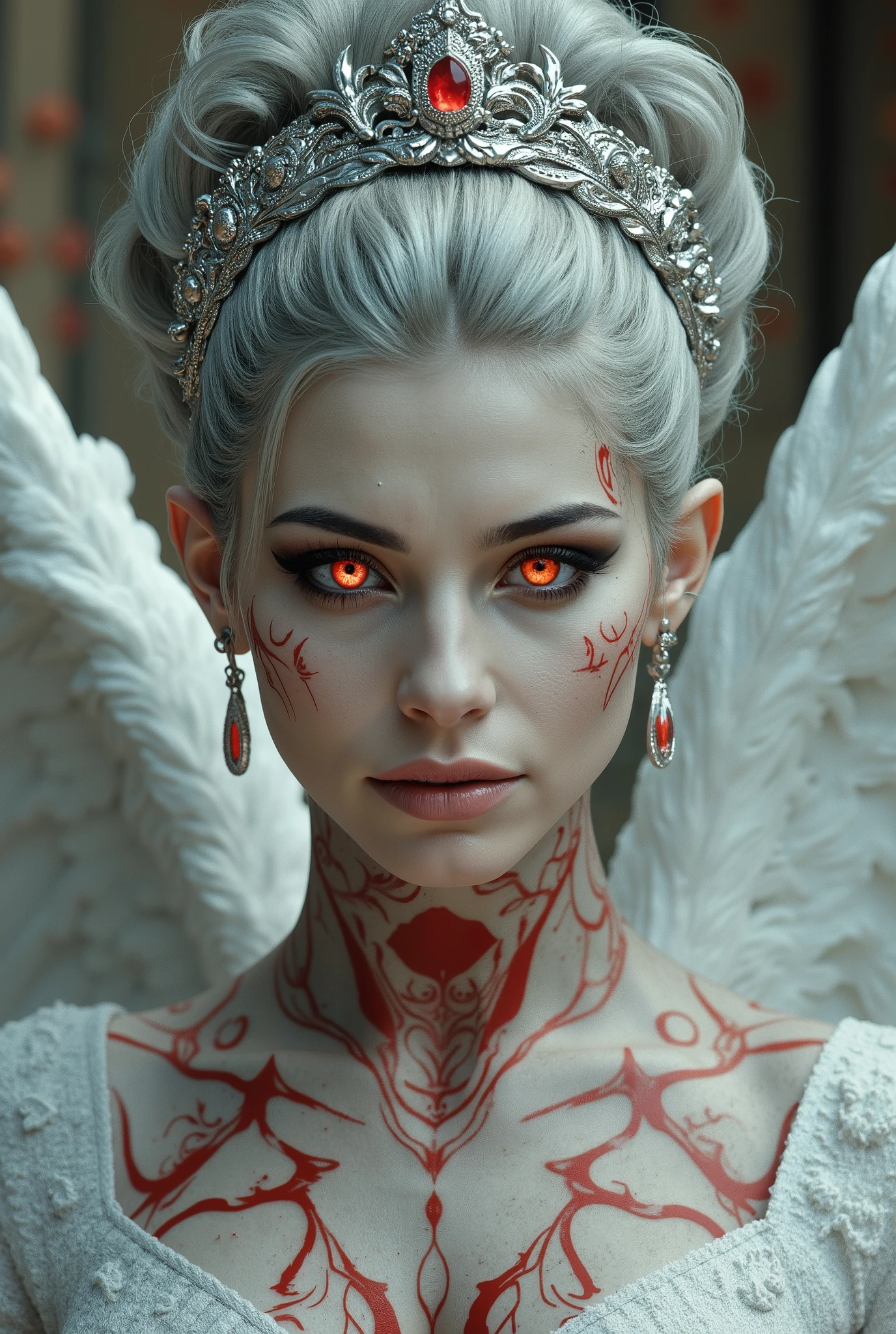 shining red eyes, eyes in fire, beautiful angelic mature woman with large feathered white wings, glowing red veins, fractal veins, red glowing veins, glowing veins, bright glowing veins, burning eyes, crew cut hair, white pale skin with red tattoos and markings, gracious face, detailed fantasy portrait, exquisite mystical valkyrie, sky temple background with red ornaments, silver and red giant crown, hyperrealistic, octane render, intricate wings, piercing eyes, delicate features, dramatic lighting, vibrant colors, highly detailed, cinematic composition, masterpiece, 8k, full body