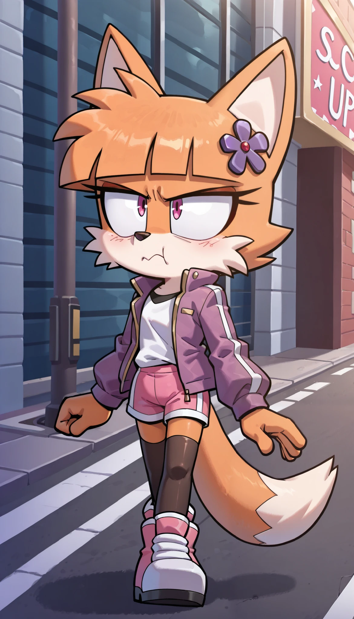 score_9, score_8_up, score_7_up, Vivian, 1girl, solo, furry, furry female, fox ears, animal ears, bangs, blunt bangs, two-tone fur, orange body fur, white body fur, tail, fox tail, pink eyes, ((shirt, hair ornament, thighhighs, open clothes, jacket, purple jacket, long sleeves, pink shorts)), (short body, tiny body, big head), fox features, cheek tuft, grumpy face, looking at you, standing, street,