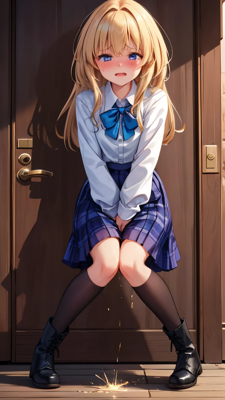 (Photorealistic), (masterpiece)), (highest quality), (detailed), (one girl), schoolgirl, full body, lots of yellow pee, ((leaking pee)), (((clutching crotch))),(peeing, blush), embarrassed, (puddle of pee at your feet)