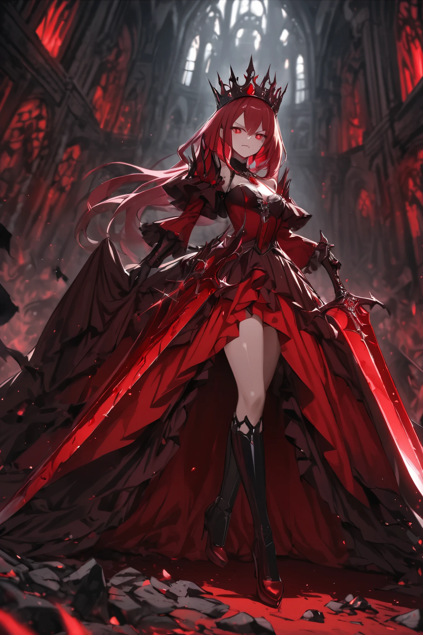 Queen of hell, dark/dark red dress, bloody crown, hell castle bg, fully clothed, vampire blade in the back