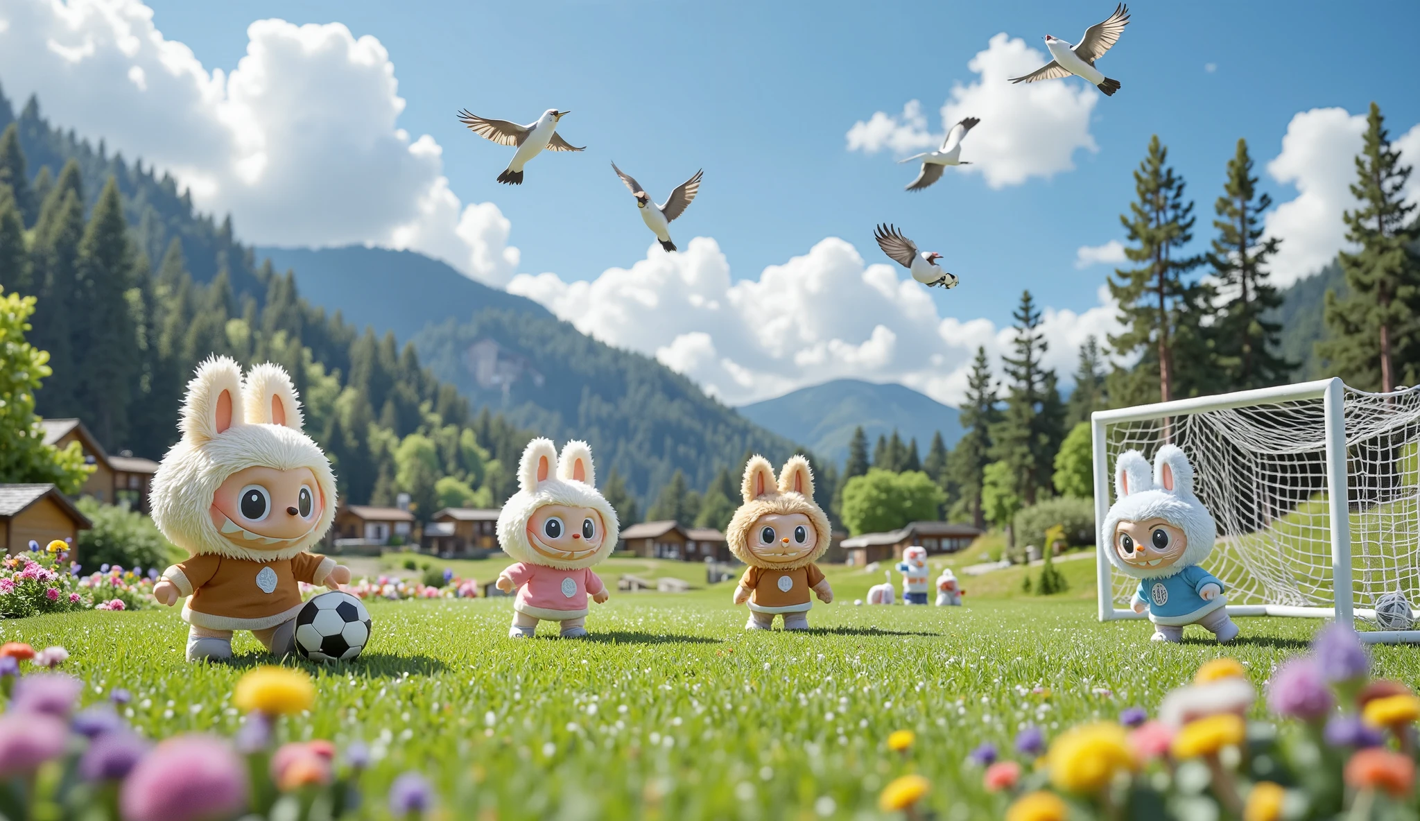 "Four Labubu characters—white, brown, pink, and deep blue (Benhur)—are playing soccer on a beautiful field. The vibrant green grass stretches wide under the bright blue sky, with fluffy white clouds drifting above.
Each Labubu is full of energy, their small feet moving swiftly as they chase the black-and-white soccer ball. The white Labubu skillfully dribbles, while the brown Labubu prepares to defend. The pink Labubu laughs while running, and the deep blue Labubu eagerly waits near the goalpost, ready to score.
Surrounding the field, colorful wildflowers bloom, and tall trees sway gently in the breeze. In the background, rolling hills and a peaceful village with cozy wooden houses add to the picturesque scenery. Birds chirp cheerfully, and a soft wind carries the sound of their joyful laughter. It's a perfect day for a friendly soccer match among the playful Labubu friends."
