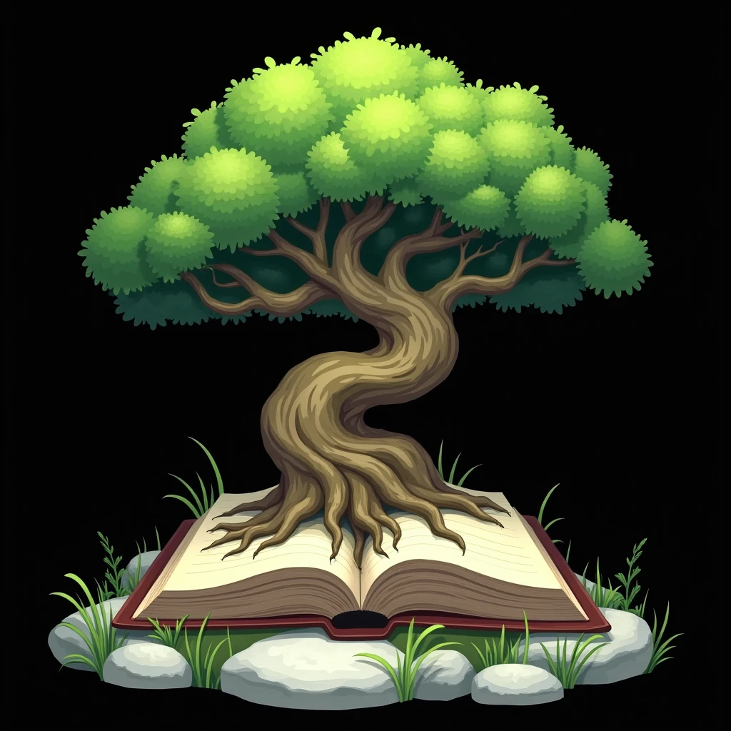 The image is a digital illustration of an open book with a large tree ...