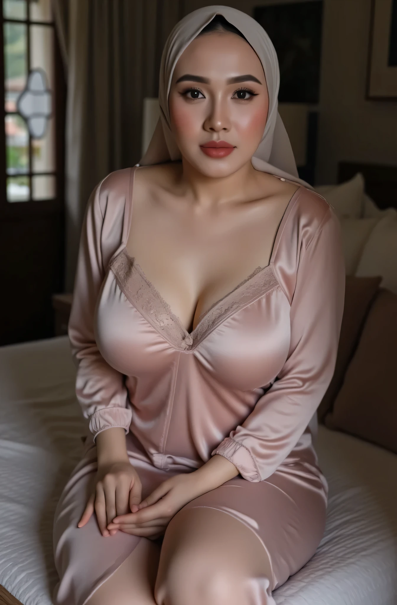 (Masterpiece: 1.2, Best Quality), Realistic, (Realistic Picture, Complex Details, Depth of Field), Best Quality, Masterpiece, Highly Detailed, Realistic, 1 old woman, indonesian old wife, aged 52, chest forward, big breasts, thin lips, beautiful and seductive, curvy body, wearing sexy silk nightgown, full body view, look at viewer, full photo, background bedroom, sexy model style pose, wearing hijab muslimah