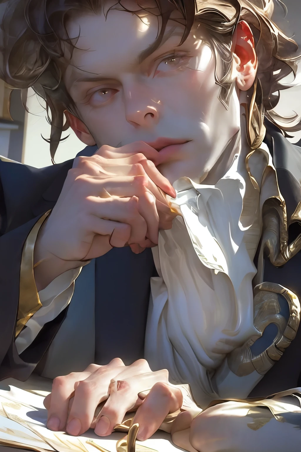 Depict a tall, lean man in his early 40s, sitting at an executive desk in a dimly lit office. He has messy salt-and-pepper hair, slightly longer on top, and sharp hazel eyes with gold flecks, half-lidded in a lazy, calculating expression. His lightly tanned skin shows subtle creases, and he sports light stubble that adds to his roguish charm. He’s dressed in a tailored, slightly unbuttoned black suit jacket with a charcoal-colored shirt underneath, the top few buttons undone. His slim-cut trousers are fitted, and he wears polished black leather shoes. On his right hand, he has a gold signet ring, and a leather watch is visible on his left wrist. His hands are holding a whiskey glass, slightly raised in a relaxed manner. The desk is scattered with papers and a phone, which he idly taps with one hand while the other holds the glass. The room has an air of luxury, with a faint glow of city lights filtering through the window. He has a cigarette between his fingers, not lit but held with casual disinterest. His expression exudes confidence, mischief, and a subtle charm, giving off a vibe that he owns the room without effort.