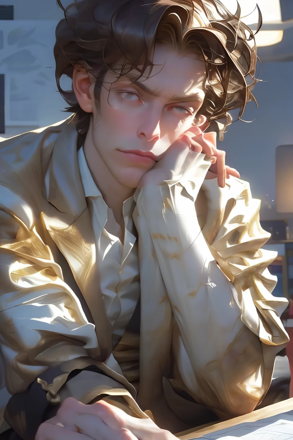 Depict a tall, lean man in his early 40s, sitting at an executive desk in a dimly lit office. He has messy salt-and-pepper hair, slightly longer on top, and sharp hazel eyes with gold flecks, half-lidded in a lazy, calculating expression. His lightly tanned skin shows subtle creases, and he sports light stubble that adds to his roguish charm. He’s dressed in a tailored, slightly unbuttoned black suit jacket with a charcoal-colored shirt underneath, the top few buttons undone. His slim-cut trousers are fitted, and he wears polished black leather shoes. On his right hand, he has a gold signet ring, and a leather watch is visible on his left wrist. His hands are holding a whiskey glass, slightly raised in a relaxed manner. The desk is scattered with papers and a phone, which he idly taps with one hand while the other holds the glass. The room has an air of luxury, with a faint glow of city lights filtering through the window. He has a cigarette between his fingers, not lit but held with casual disinterest. His expression exudes confidence, mischief, and a subtle charm, giving off a vibe that he owns the room without effort.