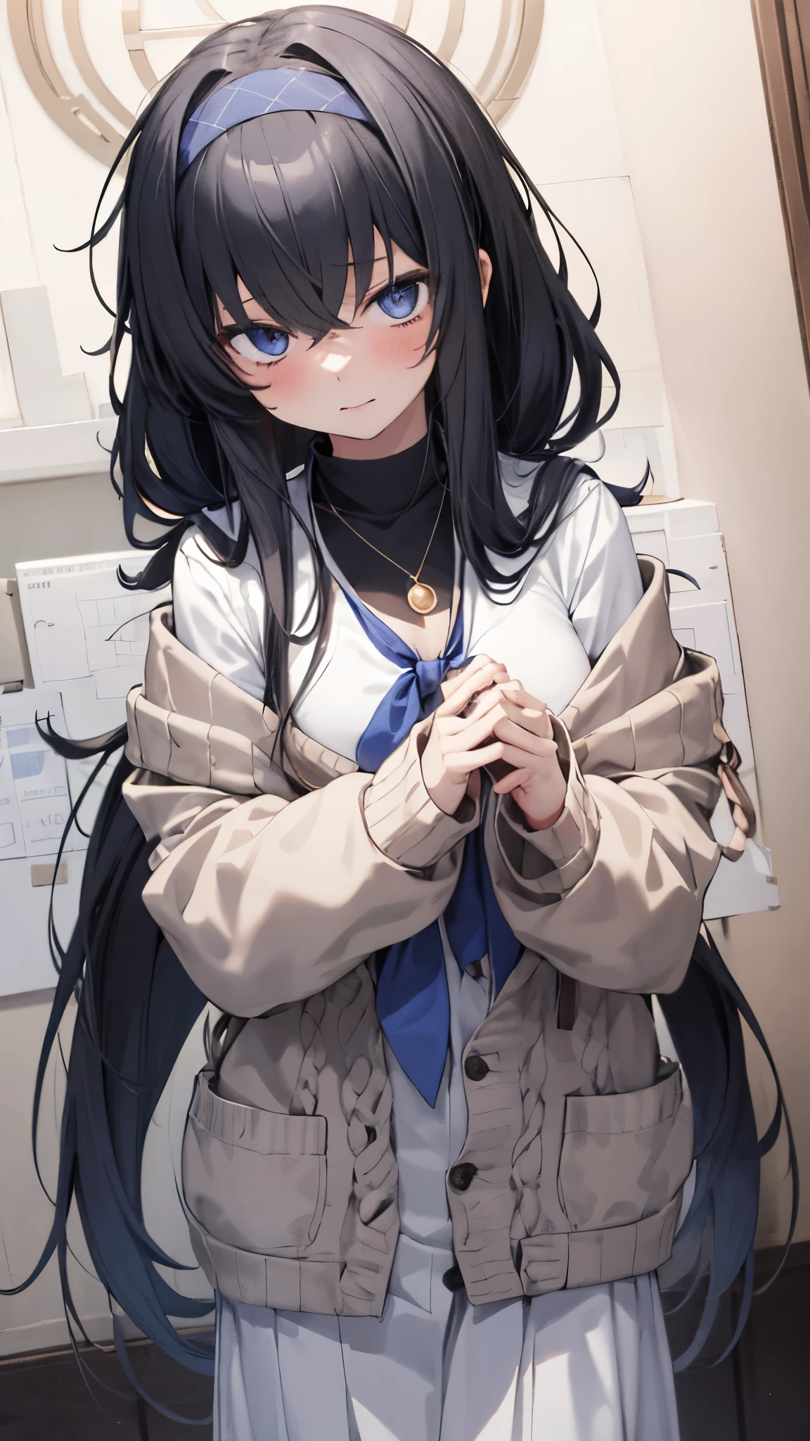 Upper body,1girl,solo,uidef,jitome,sanpaku,blush,cardigan partially removed,hairband,necklace,black hair,long hair,masterpiece,Noise Reduction,perfect anatomy,high resolution, ultra-detailed, ultra-detailed face,game cg,dutch angle ,beautiful detailed eyes,visualart,five fingers, perfect hands, perfect lighting,