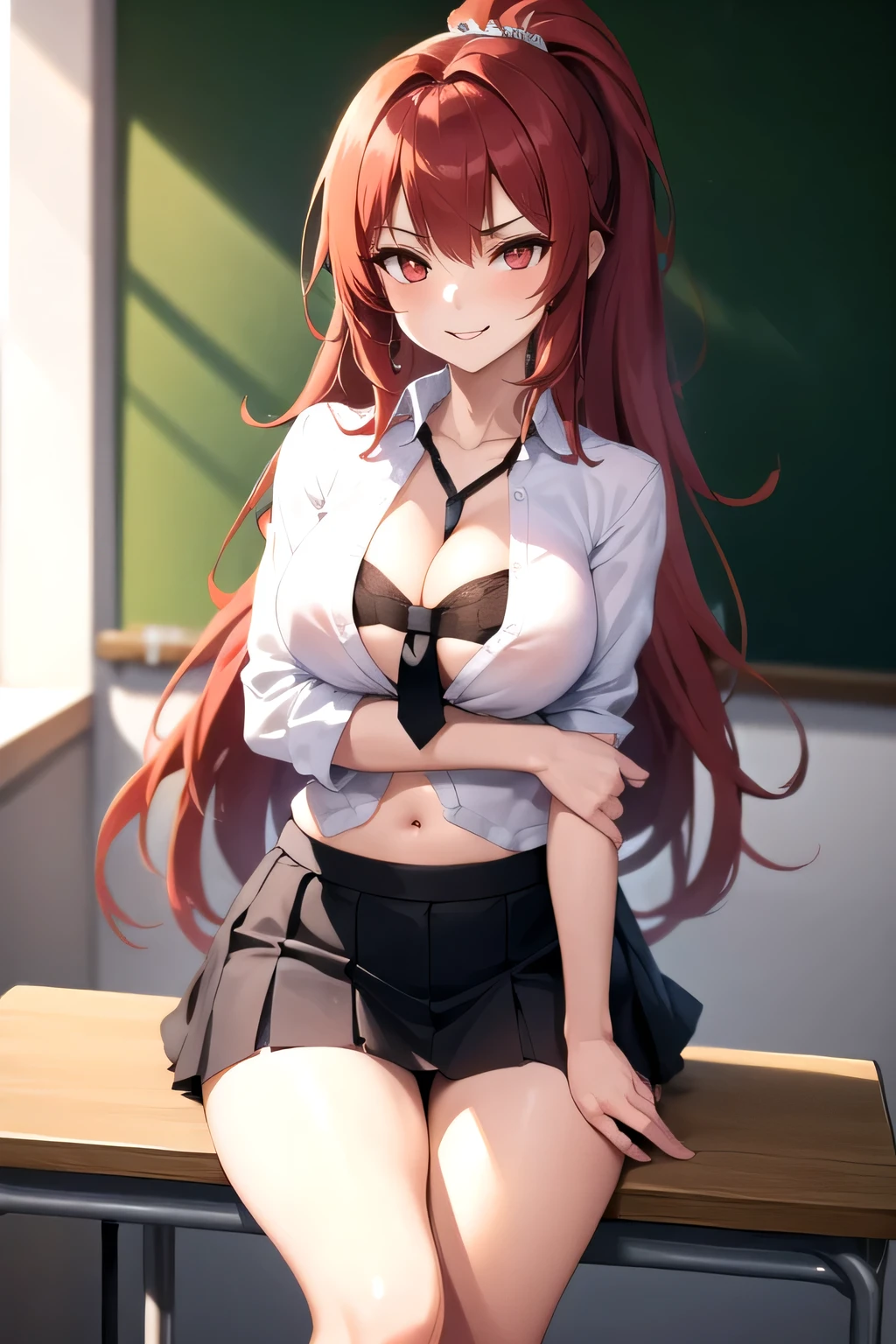 masterpiece、top quality、1 girl in、(Stella Vermillion)、school clothes、Ligature bracelet、muscular thighs, muscular belly, wide hips, slim waist, big breasts, very hard breasts, standing breasts, very hard nipple, standing, wearing a red suit with high heels, beach scene, very hot, well-made hands, red nails, well-manicured nails with lots of details, {{{wearing a very short and very sexy bikini}}}, reflection on the eyes, glowing eyes, bloodshot eyes, , pouting, anime, anime style, cinematic lighting, ray tracing, panorama, Nikon, UHD, masterpiece, accurate, anatomically correct, textured skin, super detail, high quality, best quality , high resolution, HD, 16k