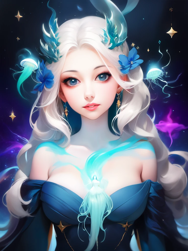 (masterpiece, top quality, 1 female, solo, exquisite details, chromatic aberration), (realistic), (skin), ((breathing)), (silver hair, blunt bangs, cropped straight long hair, short bangs, silver hair), beautiful hair, red headdress, highlights, hair on one eye, beautiful eyes, purple eyes, thick lips, earrings, piercing eyes, ((gold and white kimono)), ((symmetrical eyes)), ((perfectly symmetrical body)), ((perfectly symmetrical hands)), (purerosface_v1:0.3), full moon night, ((self, natural light))), bright lighting, flowers blooming in the background, in front of the viewer, ((central shot, from the front, (face and shoulders))), mysterious atmosphere, colorful flowers blooming around, light colored background, fortune teller in kimono, beautiful fortune teller, fortune teller, Fantasy female fortune teller, female fortune teller, fantasy photography, Japanese style, fortune teller in kimono, elegant cinematic fantasy art, fantasy woman, magician portrait, fortune teller, powerful wizard surrounded by mystical colorful flowers, holding a glowing heart crystal ball, eyes glowing with mystical energy, spells leaking from her mouth, vivid swirls of sorcery pulsating with iridescent hues appear in the air, magic permeates, flowers bloom, sacred creatures gaze in awe, threads of magical energy dance, reveal hidden realms, unravel secrets, capture the essence of this enchanting moment and bring to life the mysterious power of sorcery on a canvas of the highest quality and finest detail. Top Quality, Masterpiece, Ultra High Resolution, (Photorealistic: 1.4), RAW Photo, Sharp Focus, High Resolution, Detailed Skin.