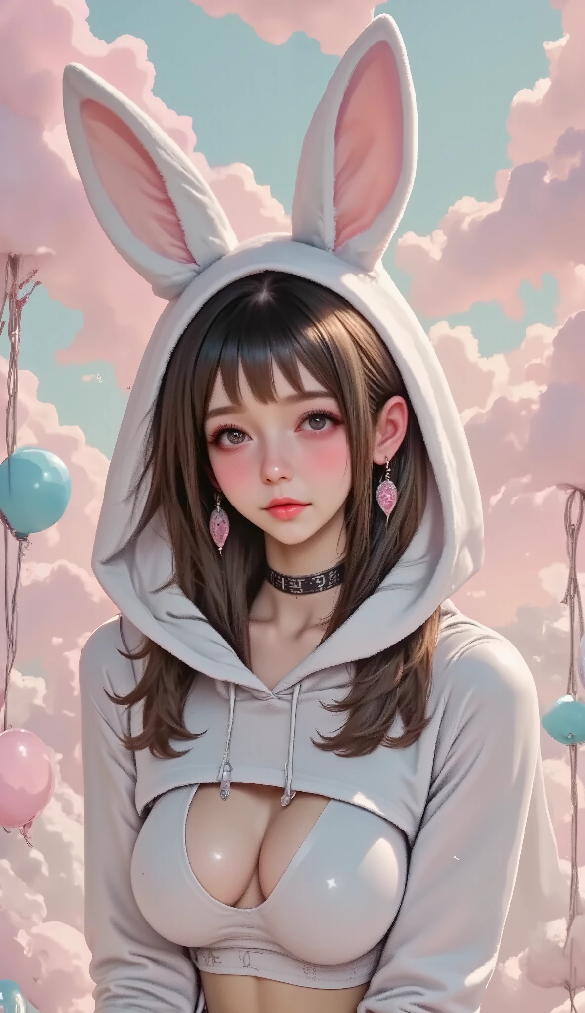  a woman wearing a fluffy rabbit costume with big rabbit ears,  take full body , Wide angle, Cute expression y of a boy ,  professional portrait, hyperdetailed 8k ,  high resolution,  detailed facial features ,  detailed clothing,  soft lighting, Capricious,  elegant,  pastel colors , adorable, halftone, image fill, drop shadow, chromatic aberration abuse, JPEG Artifacts, UHD, Retina, masterpiece, Accurate,  Anatomically Correct , textured skin, Super detail, high details, high quality,  award winning , best quality,  highres, 1080P, HD, 16K