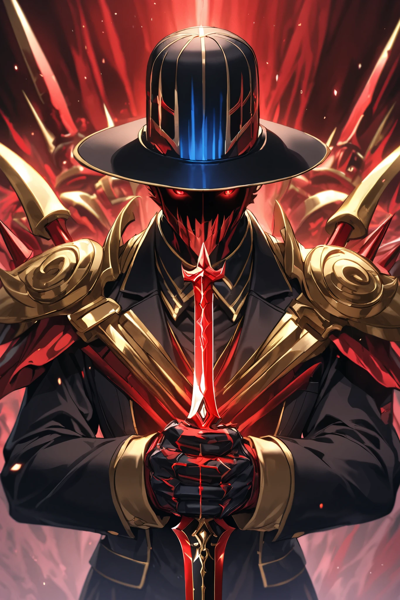 Warrior overlord, bowler hat , shadow face, suit, golden arms with red spikes on the shoulders, red eyes, holding red and blue magic swords in hands