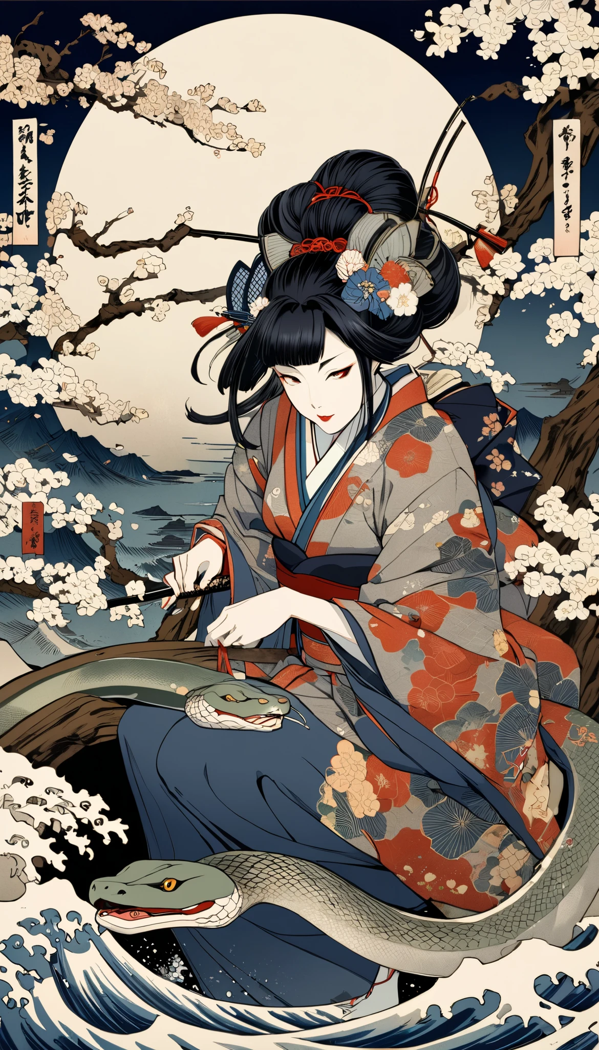 ukiyo-e, ultra complex high detail, beautiful japanese traditional culture, playing with snake