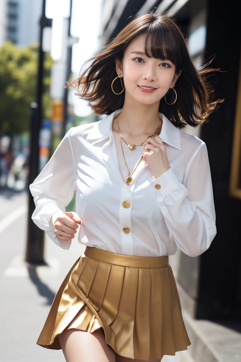 employment, sunlight, Backlight, ((Cinematic Light, Ray Tracing)), (masterpiece),((Very detailed)), (Highly detailed CG illustrations), (highest quality:1.2),(One girl:1.2),High-quality texture, Intricate details, Detailed Texture, High Quality Shadows, Realistic facial expression, Beautiful and delicate face down to the last detail, Beautiful and delicate eyes, Brown pupil, perfectly balanced face, Depth of written boundary, perspective,20th Generation, Glossy Lips, Perfect body, Mid-chest, clear_image, Focus Only, (Brown Hair), (((Perm Straight Hairstyle))), (Beautifully detailed eyes and face), Light source contrast, ((Medium Hair)), 21 years old, Tokyo cityscape background, At night, Idol Style, Cute clothes, Bright colors, playful pattern, Frilled Skirt, Cute Accessories, like々Nice design, Mid-chests, White socks, Are standing,((Loosely inward wavy hair:1.2)),((Gold Necklace＿Large earrings:1.2)),((Extra long brown hair:1.2))((White long sleeve button up blouse_With collar_Remove up to the second button＿Brown pleated mini skirt:1.3)),