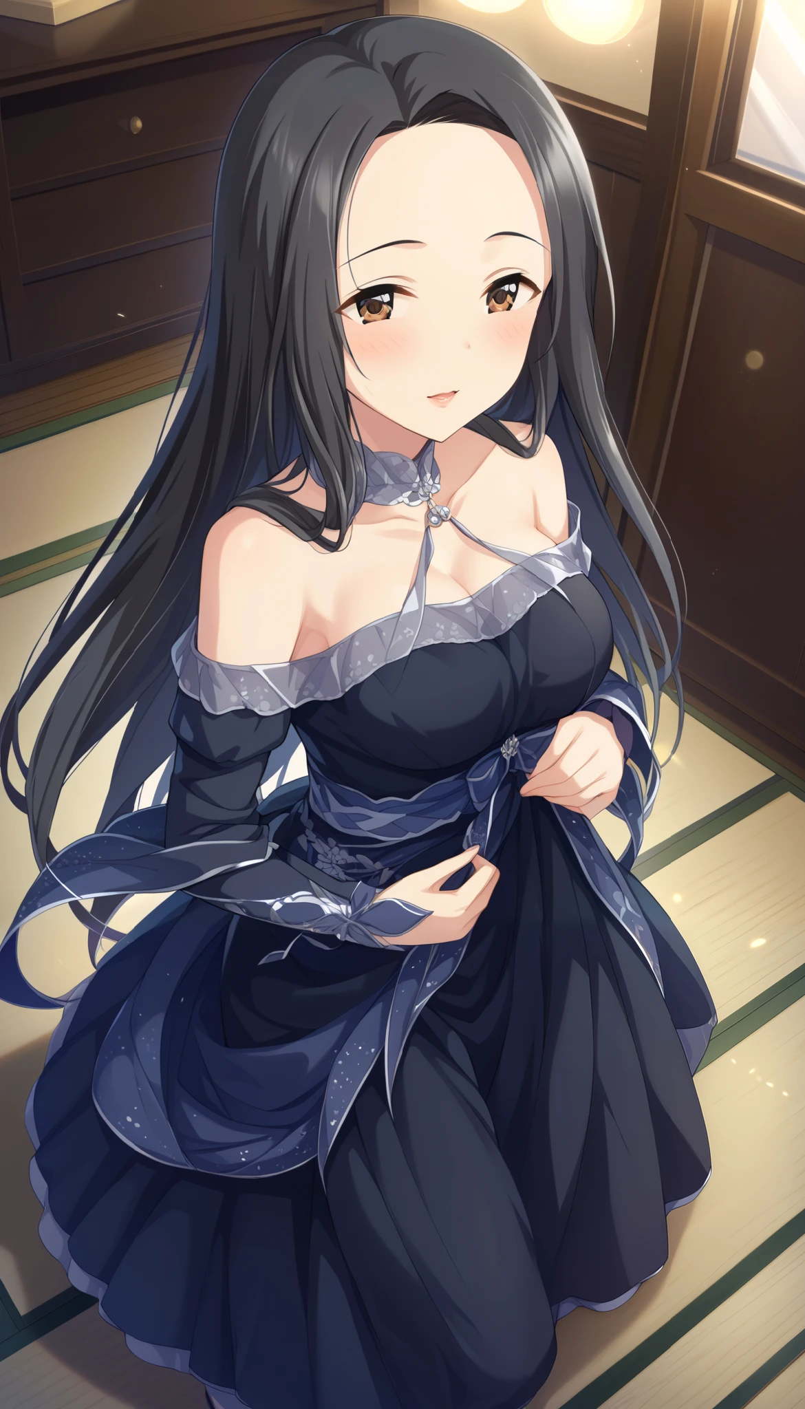 (((Sena Shiori )))、 black dress、((( medium breasts))),(( angle from above))、room、(blush)、 is bashful, black hair、 with long hair 、 Ulchan-6500-v1.1, ( RAW photos :1.2),  beautiful detailed ,  very detailedな目 美しい目, beautiful eyes、Brown Eyes 、  large file size ,  high resolution,  very detailed,  top quality, [ Masterpiece:1.6], Awareness-raising,  very detailed, CG, finely,  top quality, 8K wallpaper,  Perfect Body、 dynamism 、 very detailed、 thin and beautiful thighs
