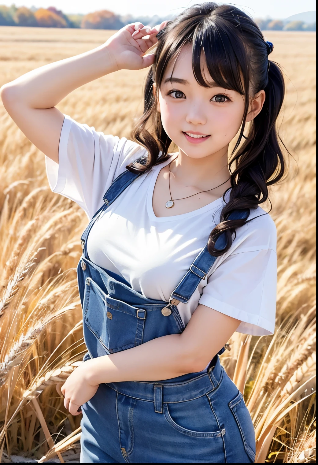 masterpiece, Highest quality, Very detailed, sexly, On the Farm,Wearing a big straw hat、Naked and in overalls,Japanese women、Baby Face、round face、light makeup、Sweaty、(Please show me your whole body),((Raise dairy cows)),((Sweaty)),smile,(((During farm work)))