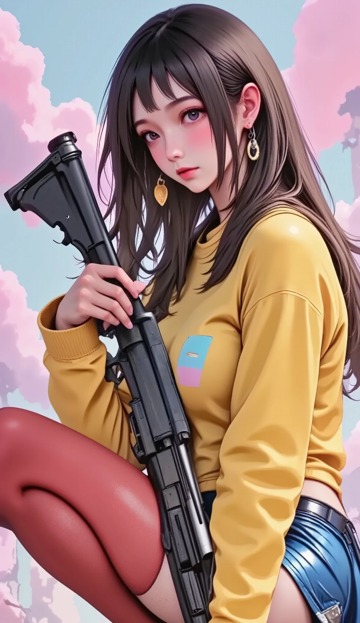plano gran general:1.5, motor irreal:1.4,CG ultra realista 64K, fotorrealista:1.4, textura de la piel:1.4, obra maestra:1.4,Hermosa mujer con sombrero de pelo largo、 con una pistola , AK-47, assault rifle, rifle kalashnikov, trigger_discipline, low-readyRopa corta estilo cyberpunk color amarillo, pantimedias rojo , mini skirt blue,caprichoso, elegante, colores pastel, adorable, halftone, image fill, drop shadow, chromatic aberration abuse, jpeg artifacts, UHD, retina, masterpiece, accurate, anatomically correct, textured skin, super detail, high details, high quality, award winning, best quality, highres, 1080P, HD, 16k
