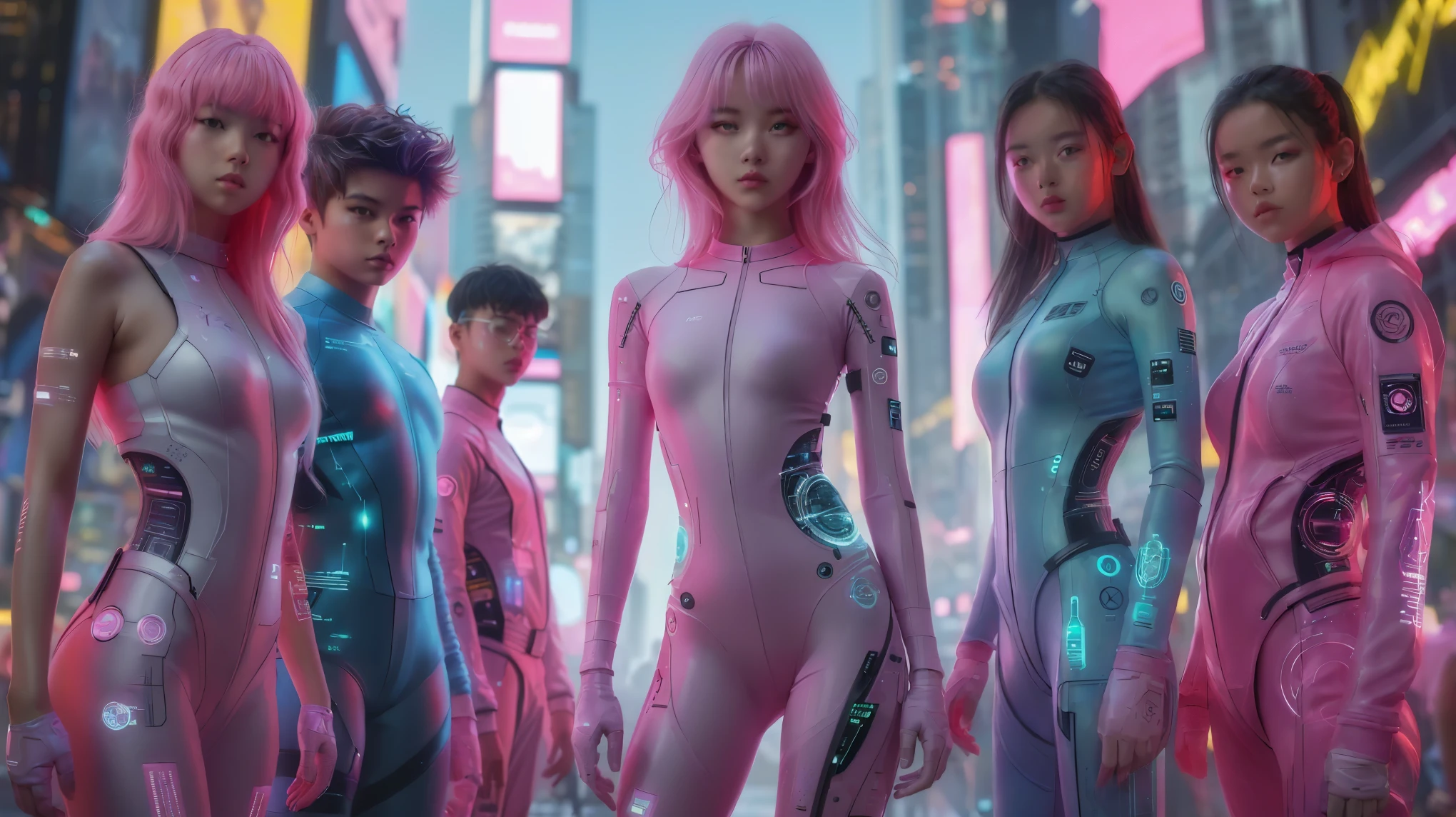 a group of women in futuristic outfits standing in a city, cybersuits, diverse cybersuits, in cyber punk 2077, cyber aesthetic, wearing futuristic clothing, muted cyberpunk style, cyber universe style, ross tran 8 k, 2049, aesthetic cyberpunk, cyberpunk streetwear, futuristic aesthetic, anime cyberpunk, wearing cyberpunk streetwear, laserpunk fullbodysuit