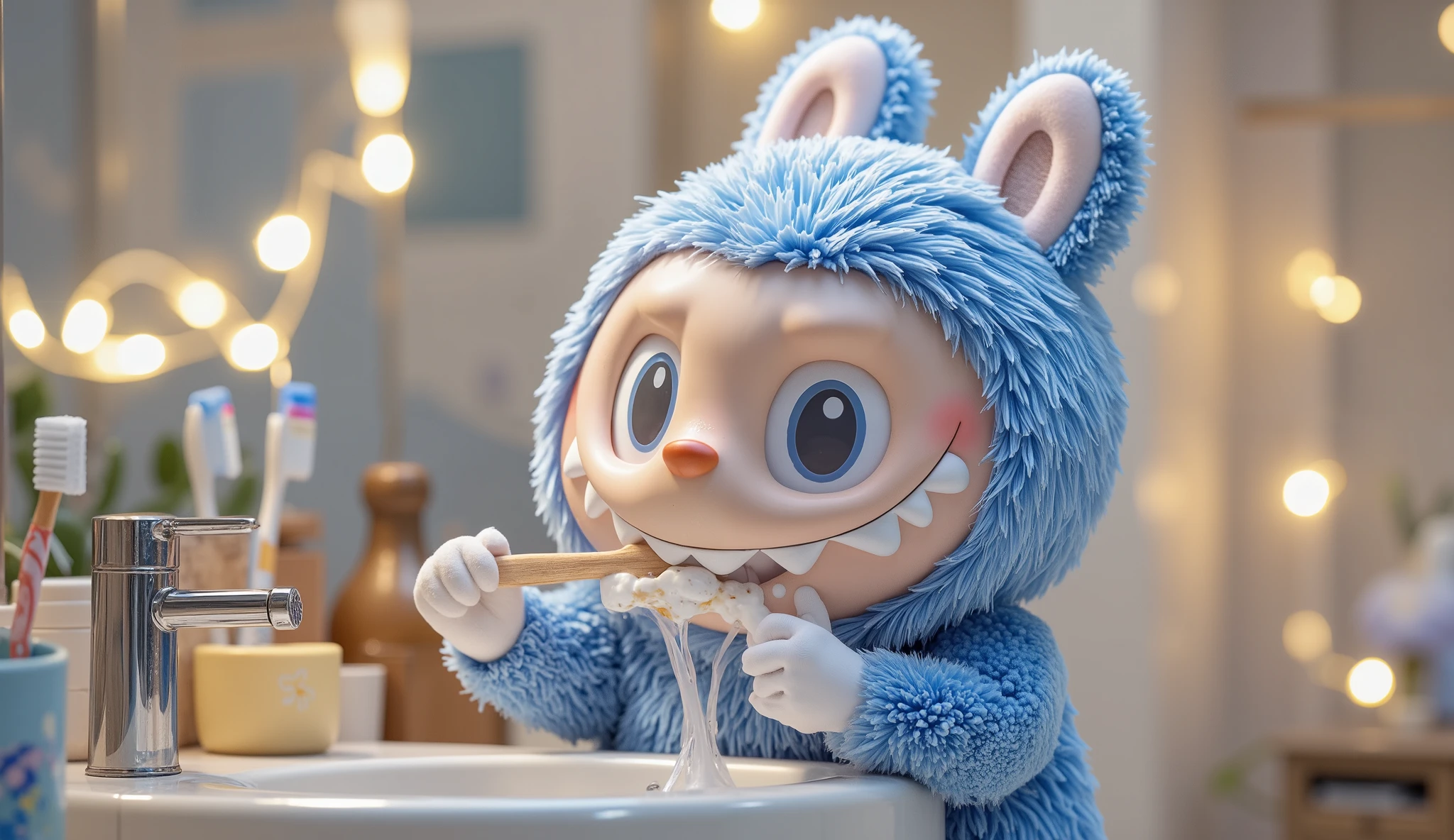 "Labubu in deep blue (Benhur) is brushing its teeth, holding a toothbrush firmly in its tiny hands. Thick, white foam from the toothpaste covers its small mouth as it brushes enthusiastically. Its round eyes shine with joy, and its ears perk up slightly, showing its playful nature.
The scene captures a 3/4 body portrait, focusing on Labubu’s adorable expression and bubbly energy. The background features a simple yet cozy bathroom setting with a sink, a cup holding extra toothbrushes, and a soft, warm light that enhances the cheerful atmosphere of this daily routine."