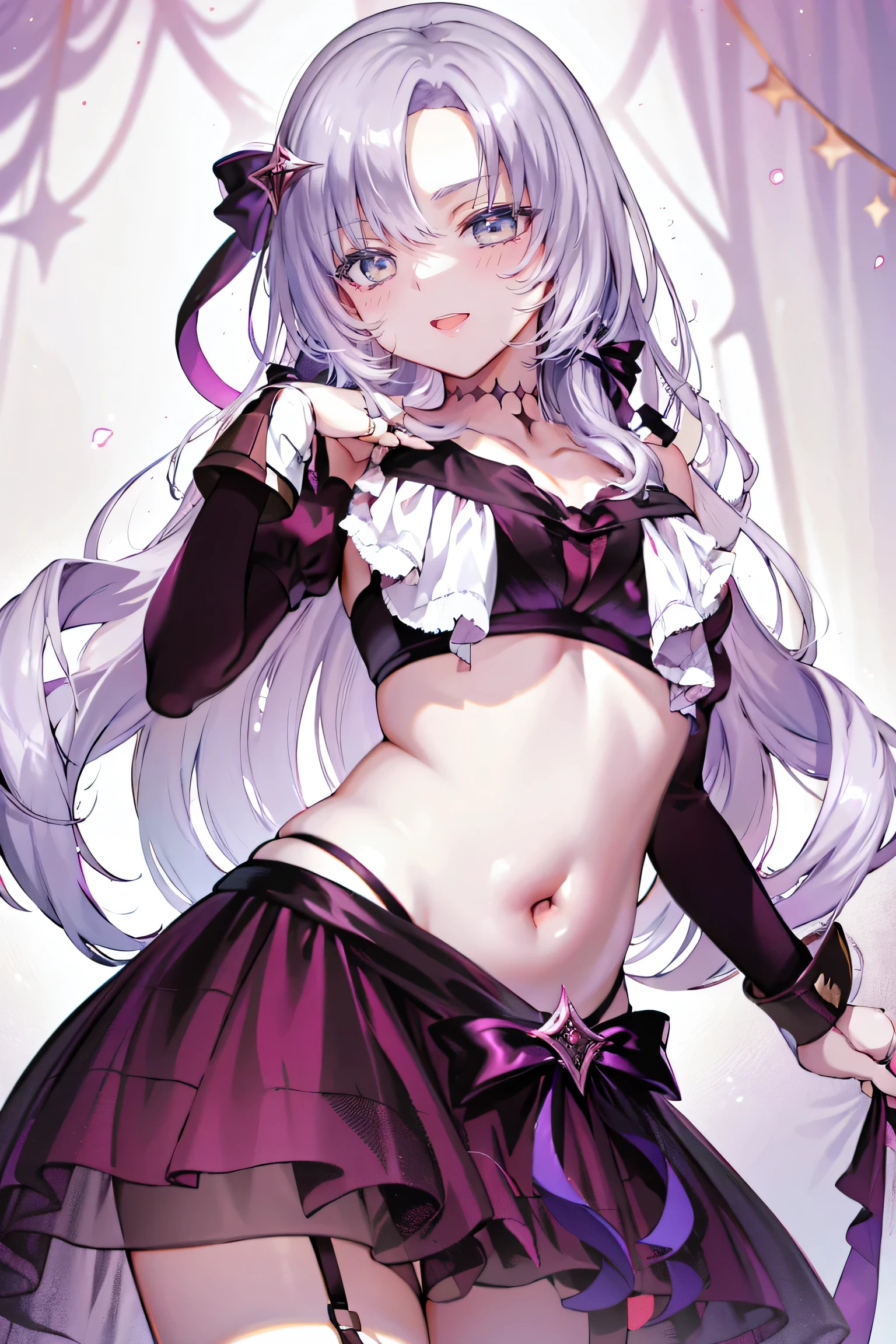 1girl, anime, cute girl, blank background, white background, fantasy, detailed fantasy dress with highlights, beautiful face, beautiful eyes, dark colors, black hair with multicolor streaks, red eye with different color pupil in eye, multicolor eye, medium breasts, slight cleavage, beautiful skin, cute, breast curtains, extremely delicate and beautiful, (beautiful detailed face:1.0), (detailed deep eyes), symmetrical breasts, deep eyes, shiny skin, portrait, slender waist, hips wider than shoulders, thighs, expressionless, young girl, luminous eyes, adorable，（Kpop idol）,（aegyo sal：1），（Platinum blonde hair：1），（（puffy eye）），Black panty，sexy posture，Superskirt, Ultra-high resolution，Black collar，slim figure, Abdominal y tattoo, womb tattoo，Tight-fitting leg ring，y tattoo on half-body，Bare skin, Armored hand，Hidden fingertips，Hand covered，Arm covered，Fist covered,{{beautiful detailed fingers}}, tufts of hair, moderate beautiful breast:1.0,(masterpiece:1.2), best quality, high-res, HDR, perfect face, intricate armor, delicate blue filigree, intricate filigree, red metalic parts, detailed part, dynamic pose, dynamic lights, cute face, neutral expression, shuimobysim, lotus, hanfu, maxi skirt, dress conservatively 1girl, solo, long blue hair, standing, One lady,14years,((White hair) ,((Normal breasts)), (Shiny purple bodysuit with microskirt),((Fantasy, Moon Night))