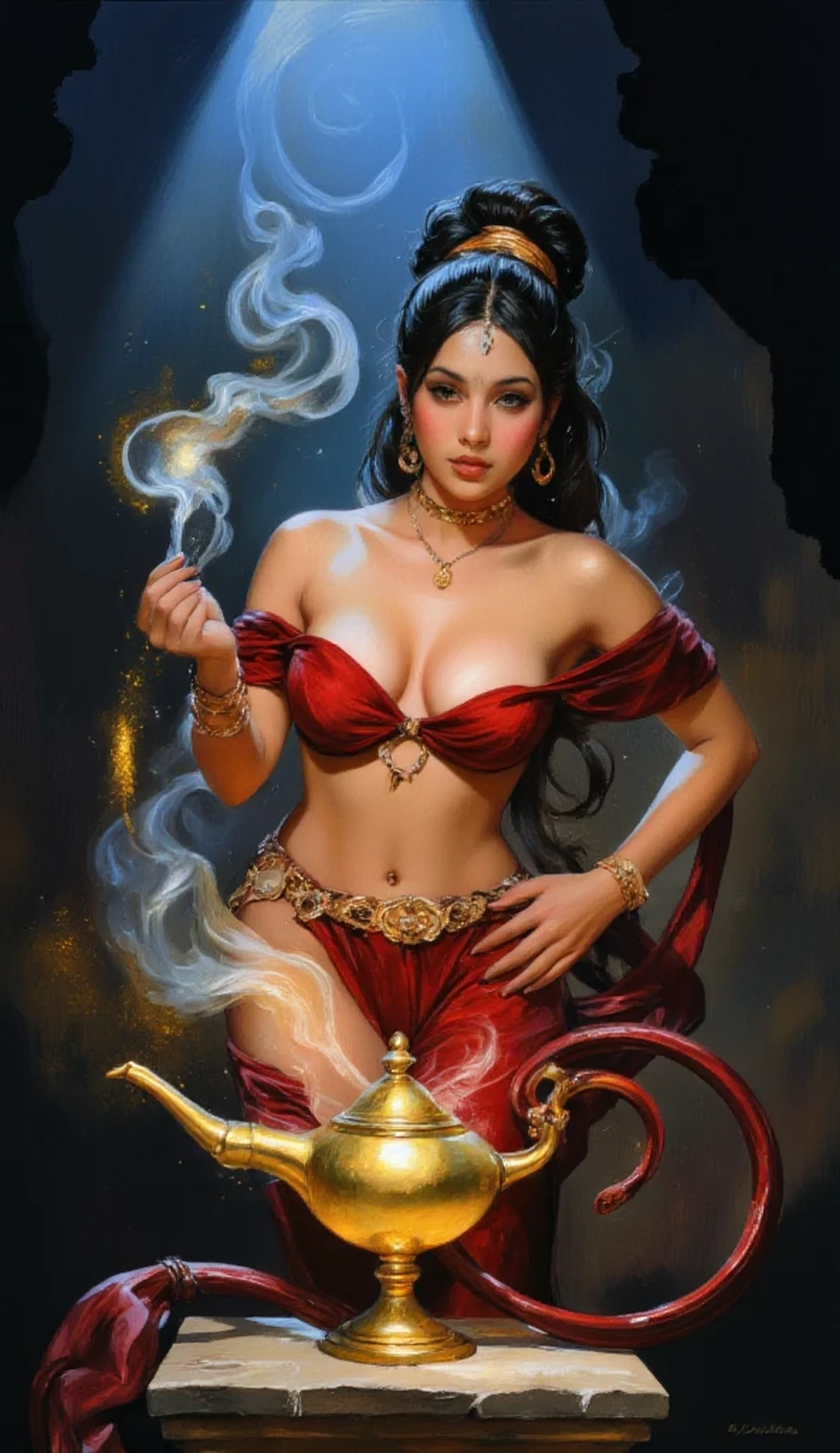 Post
This is a fantasy-themed digital illustration featuring a female genie emerging from a golden lamp. The character has a dark Arabian-inspired aesthetic, with a striking red and gold outfit, a mystical atmosphere, and magical energy radiating from her hands.
Character Details:
• The genie has a curvy upper body with an elegant, flowing lower half that transitions into a smoky, ethereal tail, typical of classic genie depictions.
• Her long black hair is styled in a high ponytail, secured with a golden band, and features thick, voluminous strands.
• She wears gold jewelry, including large hoop earrings, a golden necklace, and matching bracelets, enhancing her regal and mystical appearance.
• Her dark brown eyes are wide with surprise or excitement, and she has a confident yet slightly shocked expression.
Clothing & Design:
• She is dressed in a red, off-the-shoulder bandeau top with a sweetheart neckline, accentuating her elegant figure.
• A golden belt-like ornament decorates her waist, marking the transition between her physical form and the swirling genie tail.
• The tail is deep crimson with a silky, metallic texture, twisting and curving as it emerges from the lamp.
Scene & Background:
• The golden genie lamp rests atop a stone pedestal, glowing faintly as the genie materializes.
• Magical energy sparkles around her fingertips, depicted as glowing golden dust swirling in the air.
• The background features a dramatic, dark cavern-like setting with a spotlight of blue light beaming down, adding to the mystical ambiance.
• The scene conveys an element of wonder and magic, akin to the classic “Arabian Nights” fantasy theme.
The image embodies mysticism, power, and transformation, with a rich Middle Eastern fantasy influence, making it a visually captivating illustration.
