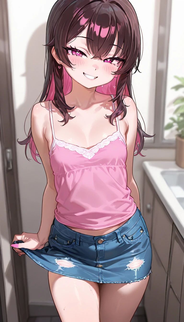 masterpiece, best quality, absurdres,
1girl, , sweating, blush, ,my room,camisole,navel, shorts,socks,looking viewer,smile,spoken heart,yo,(pee),small breasts,thigh,(nsfw)