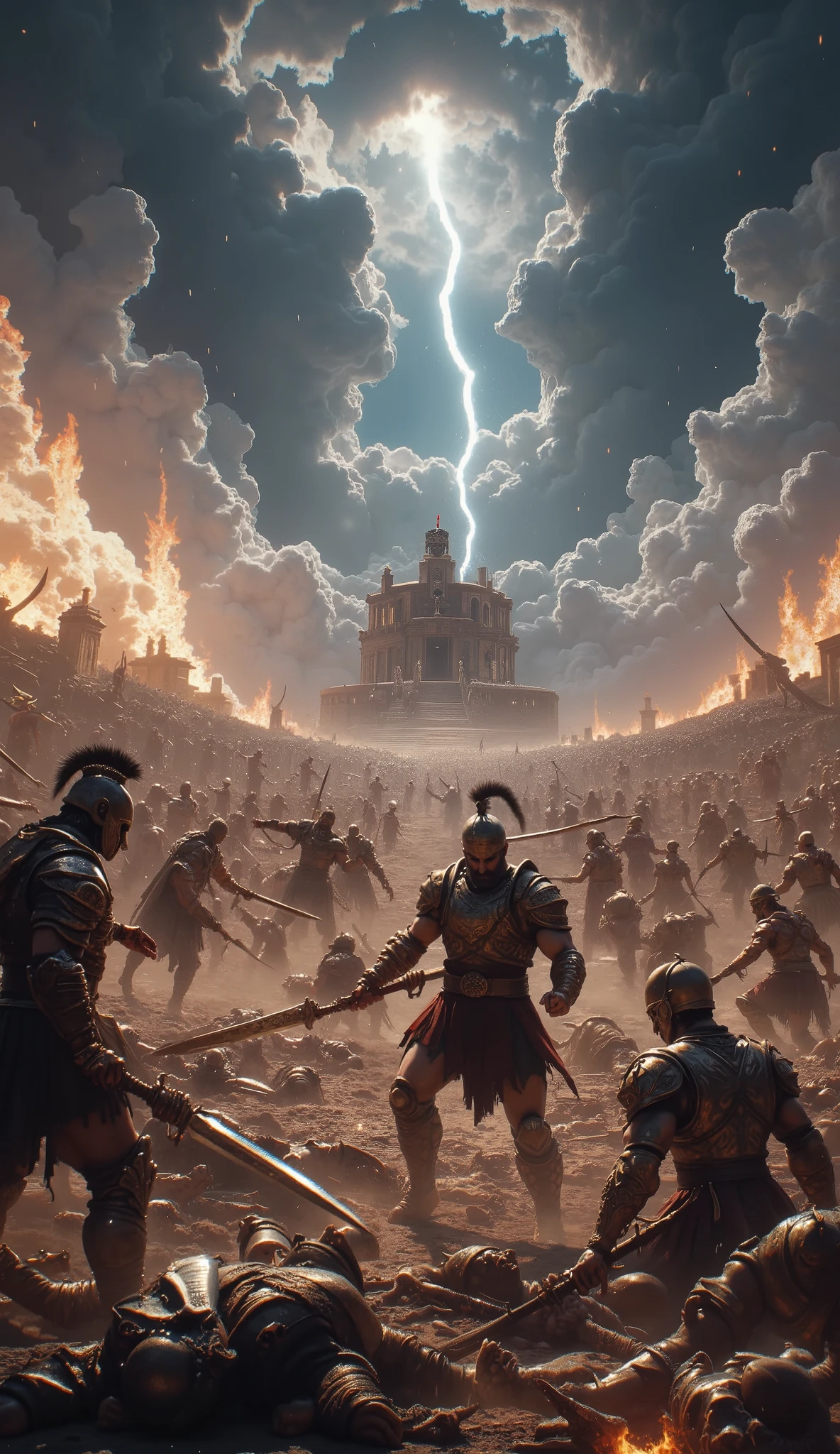 war, Spartans, Vikings, warriors, burning field , Sky in rain and lightning