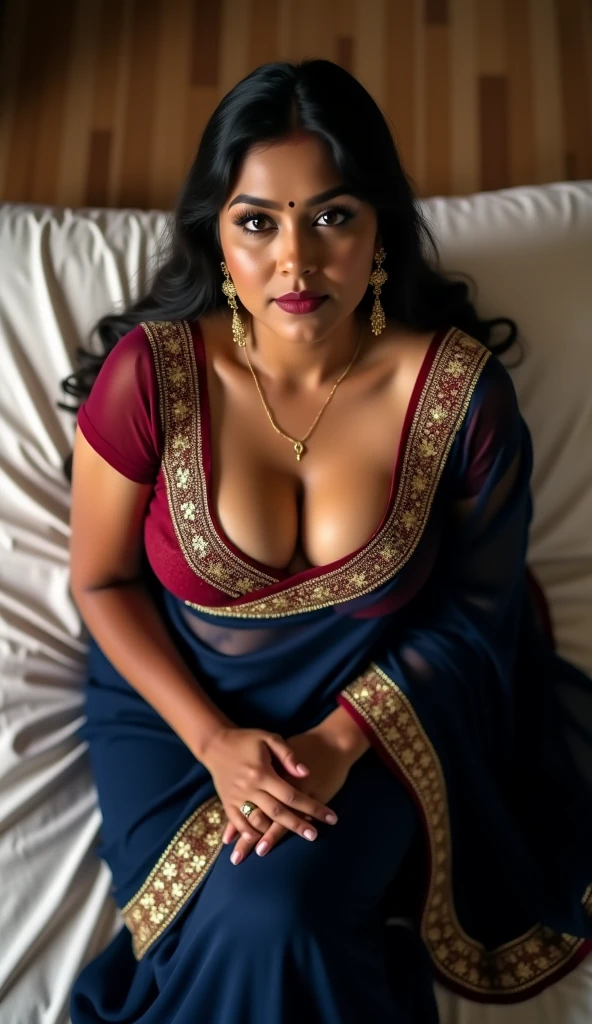 best quality,4k,8k,highres,masterpiece:1.2,ultra-detailed,realistic:1.37,sexy,40 years old,big busting busty,chubby,fatty,horny, dark black skin, Kerala aunty in flowerful colorful Tamil Nadu traditional saree dress,Ponytail with Puff hairstyle,sexy dark room,full sexy body structure in having sexual pleasure position by laying on her rose petals filled bed
