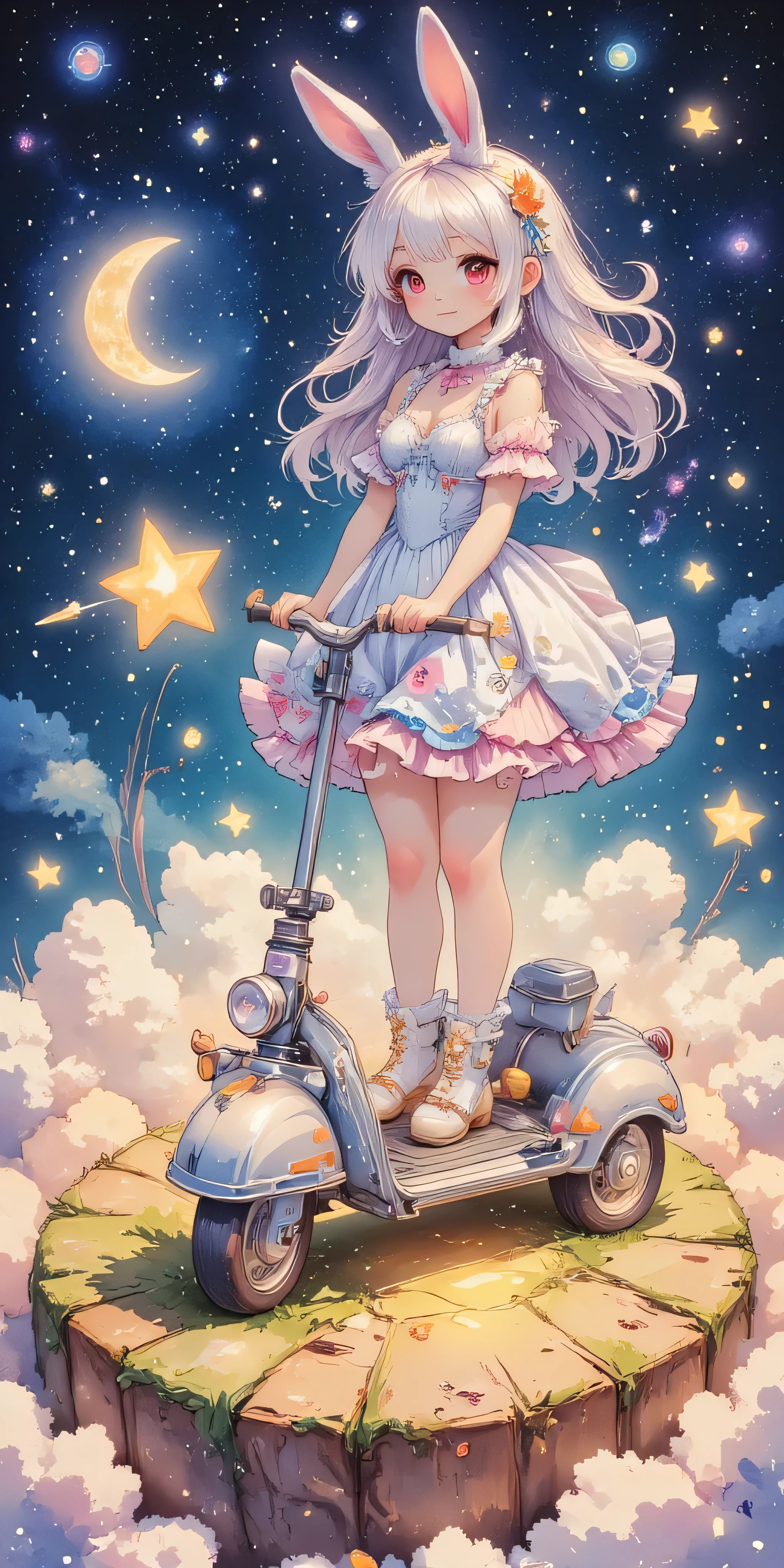 Flat illustration, Flat illustration, Side view, Side view, Side view, 1girl, Rabbit girl riding a star:1.3, Riding on a cute twinkling star, Perfect star shape:1.3, The eyebrows are raised sharply, Smiling, (Very cute frilly dress, (Drive on a circle, She rides a scooter, She's riding her scooter over the full moon, Driving on a full moon, full moon), Facing the audience, Side view: 1.1, Very detailed clothing:1.3, Intricate and frilly costumes:1.3, Her hair is beautiful and shiny: 1.3), masterpiece, Best Quality, Fluffy ちび,cute, Super awesome, Super awesome, Whole body, Accurate legs:1.3, Anatomically correct:1.3, Shooting stars of all sizes, Shooting Star, Colorful stars flying in the background, background\universe, (Beautiful watercolor illustrations, Very soft watercolor touch, Flat illustration)