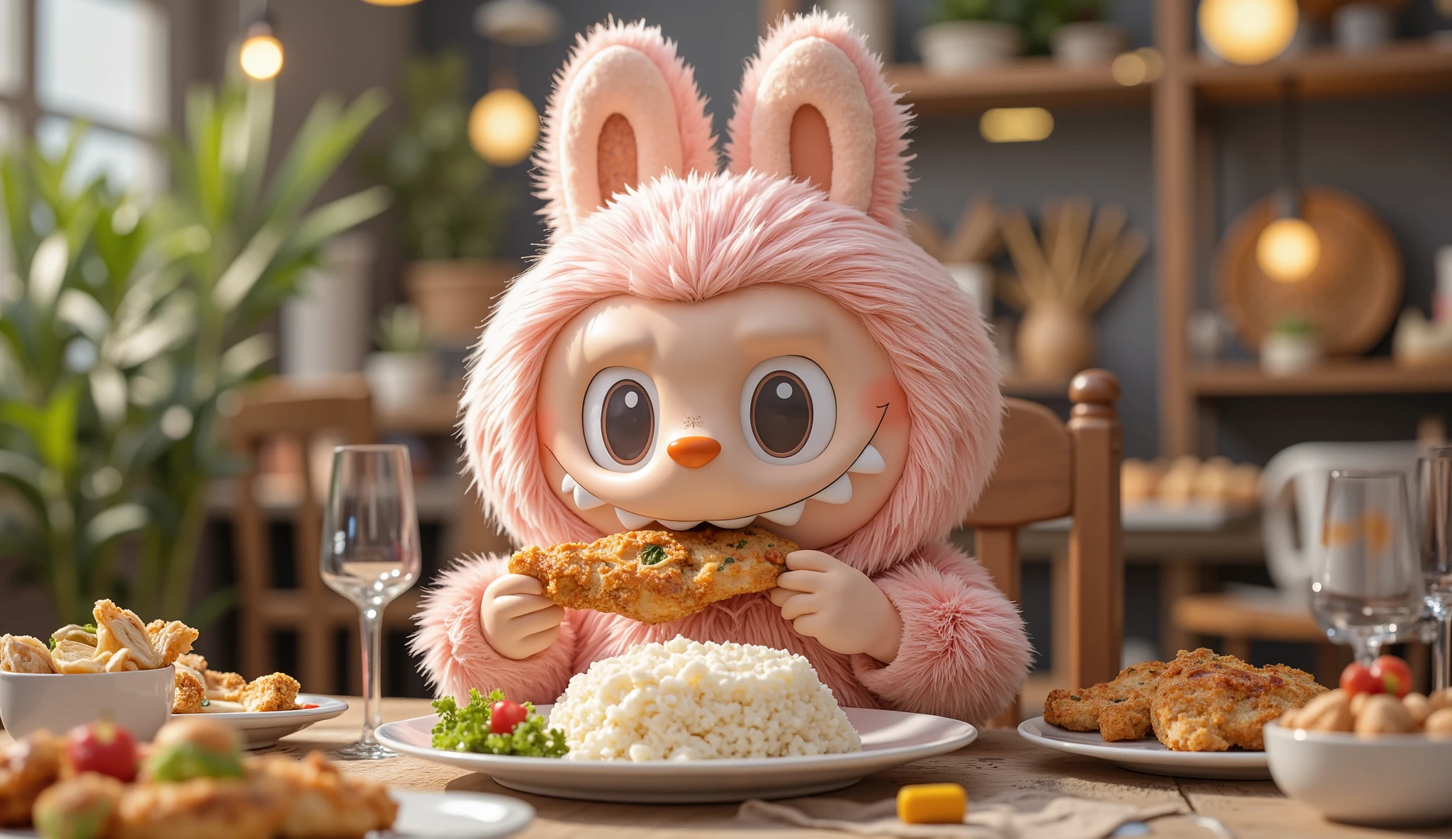 "Labubu in soft pink is sitting happily on a chair at the dining table, enjoying a delicious meal. On the plate in front of it, there is a perfect serving of white rice, crispy golden fried chicken, and a side of fresh vegetables, adding a pop of color to the dish.
Labubu holds a piece of fried chicken with its tiny hands, taking a big bite while its round eyes shine with delight. The scene is a 3/4 body portrait, capturing Labubu’s joyful expression as it enjoys its meal. The background features a simple yet cozy dining setup, emphasizing the warmth and satisfaction of a good meal."