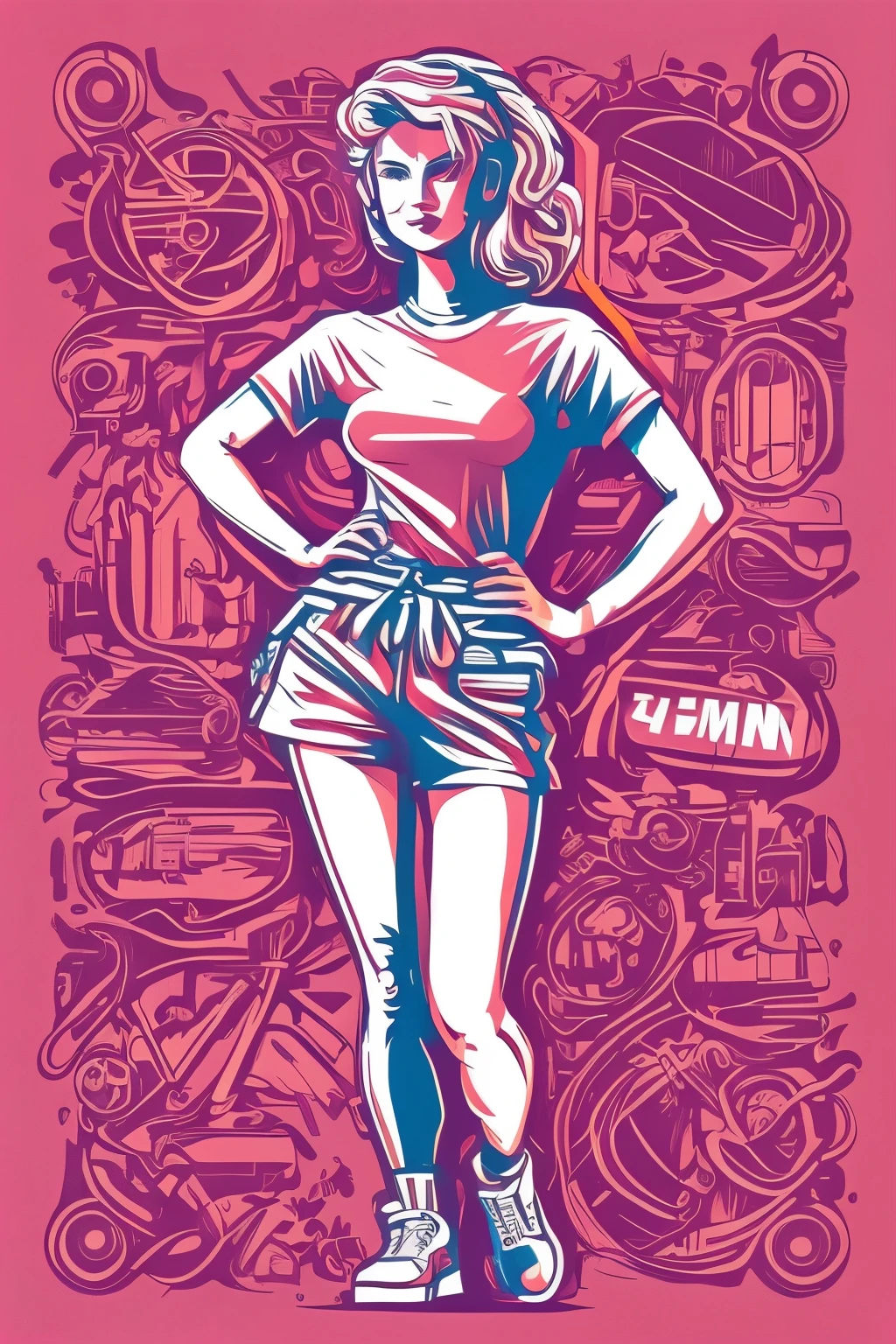 (a woman:1.2) , t-shirt logo in the style of tapered fine outline, andy warhol, pop art, orthographic view, art on (empty background:1.6)