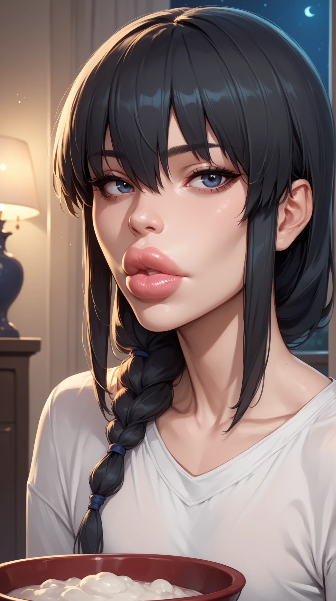 extreme closeup of a  japanese woman taking a selfie while winking and puckering her lips