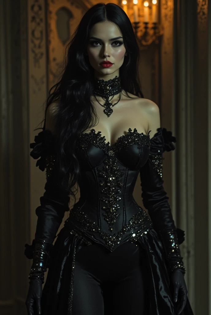 Masterpiece, Yennefer of Vengerberg, high detail plunging sexy gothic dress, intricately detailed background, (UHD, 8K wallpaper, High resolution), Cinematic lighting, award-winning, extremely detailed skin, extra detailed face, high detail eyes, photo-realistic, Zeiss 85 mm F/1.4, by Ellen von Unwerth, naked full body,