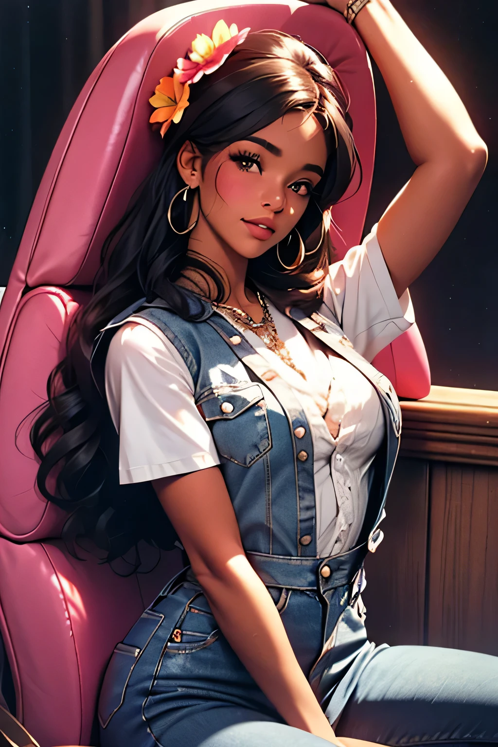 Beautiful 1960s black hippie woman in bell bottom jeans, a flower power vest, and a 1960s hippie dress((Masterpiece:1.2, best quality)), ultra detailed, close up , Fully Clothed