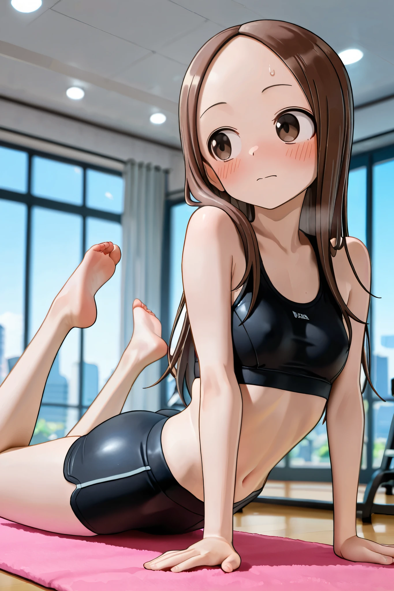 NSFW, Masterpiece, top quality, high resolution, very detailed,Takagi\(からかい上手のTakagi\), with long hair 、 Hair,Forehead、clavicle, sports bra、 Fitness Shorts 、Embarrassed,blush, on one foot,fitness,Yoga, open,soft,Streaks, with a towel on the crotch