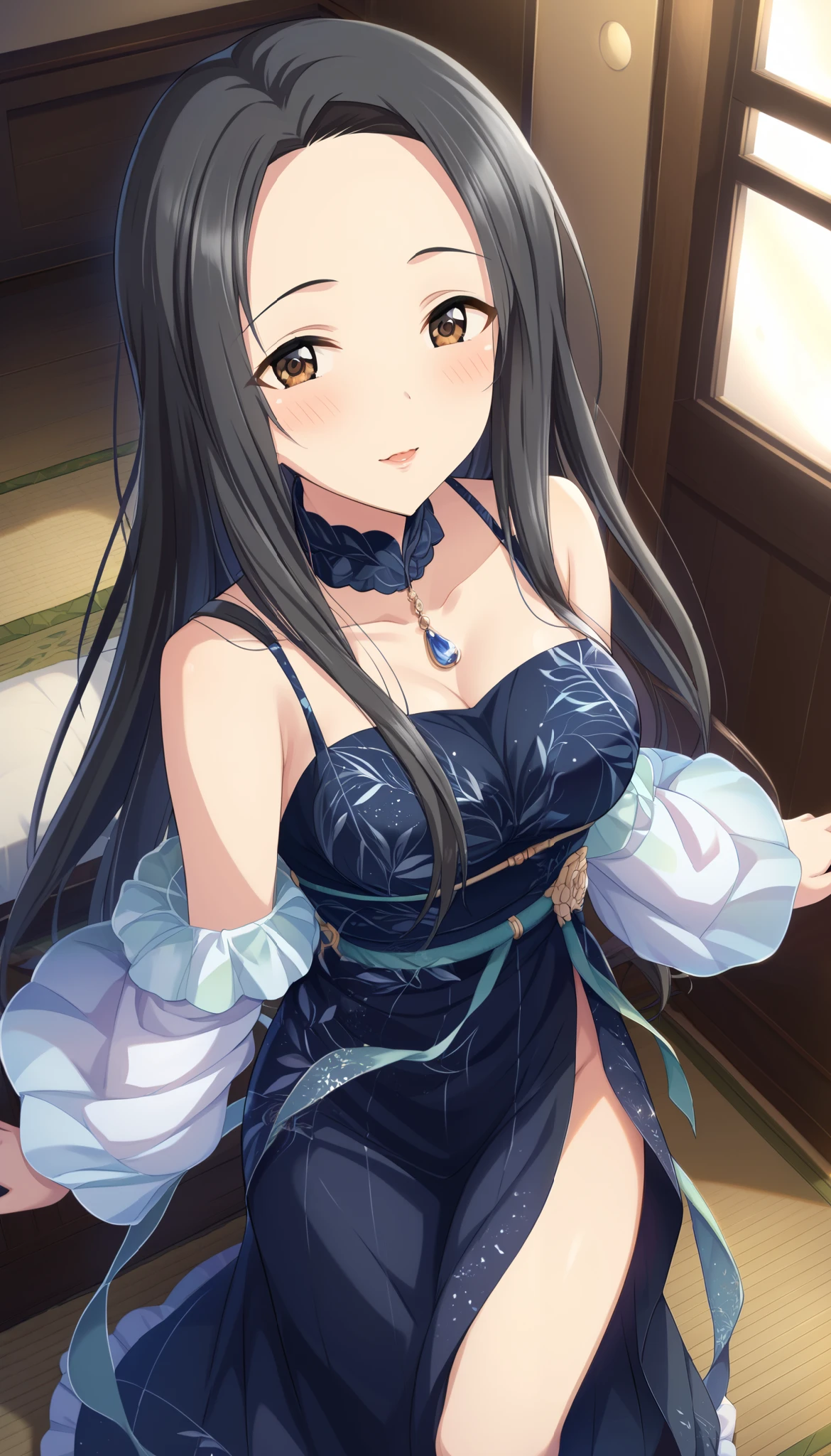 (((Sena Shiori )))、 black dress、((( medium breasts))),(( angle from above))、room、(blush)、 is bashful, black hair、 with long hair 、 Ulchan-6500-v1.1, ( RAW photos :1.2),  beautiful detailed ,  very detailedな目 美しい目, beautiful eyes、Brown Eyes 、  large file size ,  high resolution,  very detailed,  top quality, [ Masterpiece:1.6], Awareness-raising,  very detailed, CG, finely,  top quality, 8K wallpaper,  Perfect Body、 dynamism 、 very detailed、 thin and beautiful thighs