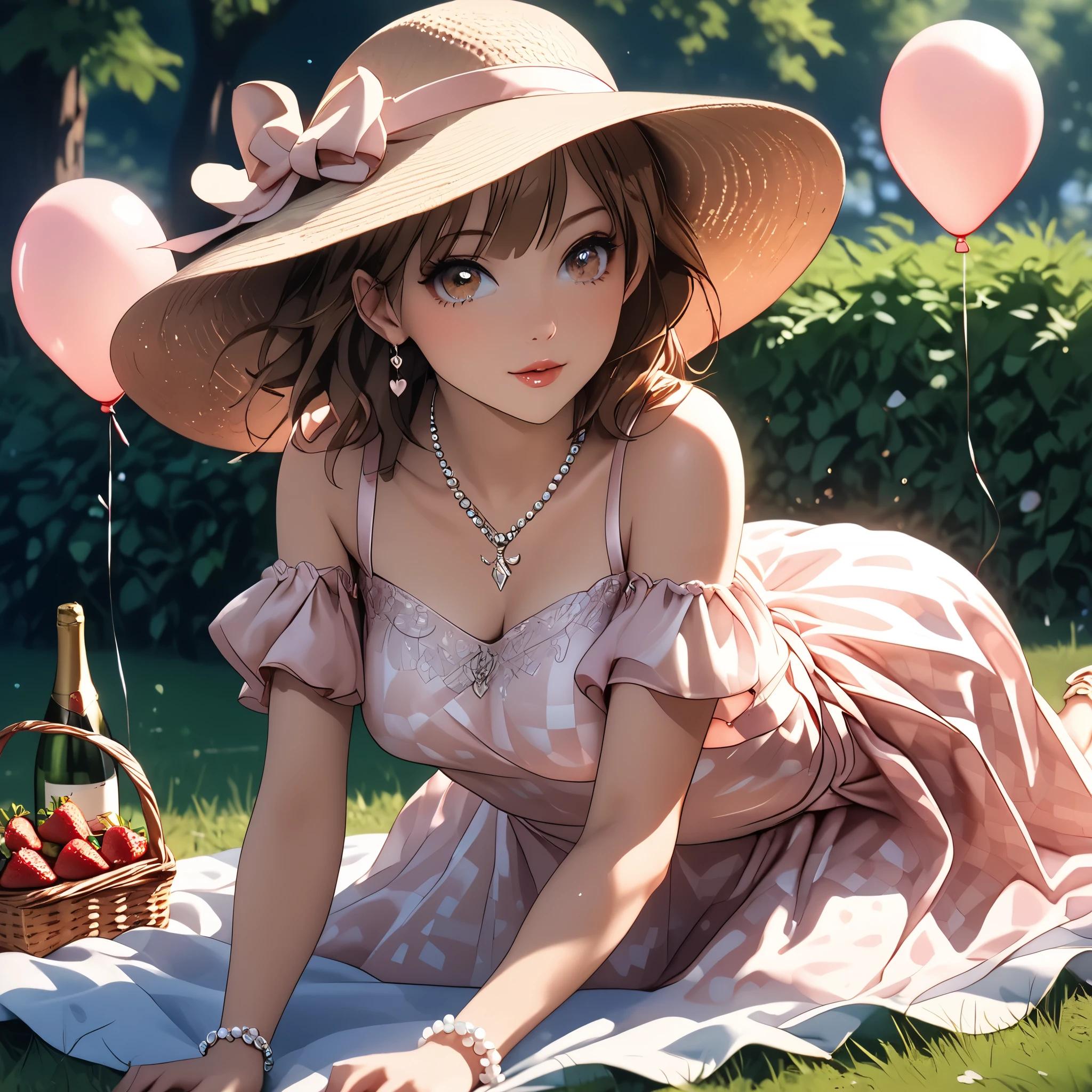 (beautiful girl:1.3),1girl,masterpiece,Highest quality,Ultra-high resolution,rich contrast,super high quality,8k,Highly detailed CG unit wallpaper,texture,Incredibly absurd,Ultra-high resolution,Highest quality anime,professional photograph,an extremely delicate and beautiful,RAW Photos,Depth of Field 1.2,ultra-detailed eyes,Glitter Effect,Beautiful glossy lips, 25years old, gorgeous legs, noise perfect, gorgeous ass, dynamic pose, sensual woman, seductive woman, mature woman, Milf, maternal, shy look, full body, (type of photo: medium shot, portraying the person from head to waist), chinatsu kano, short hair, brown hair, brown eyes, medium breasts,Kano Chinatsu from the Blue Box series, Outfit: A pastel pink lace midi dress with puffed sleeves and an A-line skirt. Sandals with thin straps and a bow at the ankle. Accessories: Wide-brimmed cream hat, a necklace with a heart-shaped pendant and a pearl bracelet. Hair and makeup: Soft waves in the hair, natural makeup with pink lips and a subtle highlighter on the cheekbones. Scenario: A picnic in a flowery park, with a checkered blanket, a basket with strawberries and champagne, heart-shaped balloons floating around.