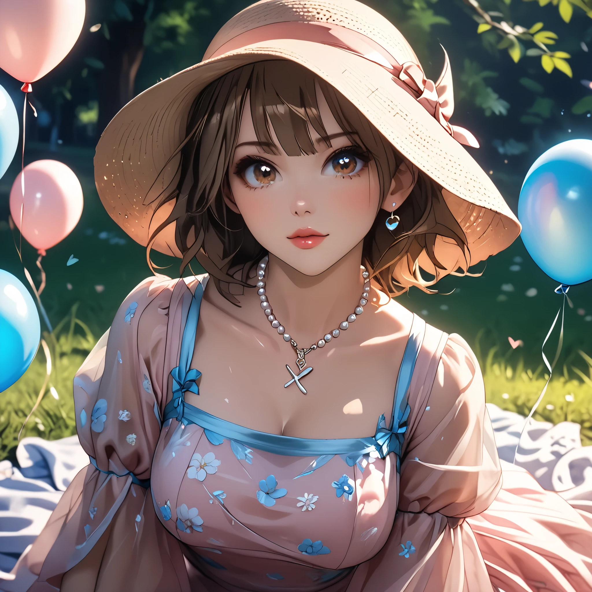 (beautiful girl:1.3),1girl,masterpiece,Highest quality,Ultra-high resolution,rich contrast,super high quality,8k,Highly detailed CG unit wallpaper,texture,Incredibly absurd,Ultra-high resolution,Highest quality anime,professional photograph,an extremely delicate and beautiful,RAW Photos,Depth of Field 1.2,ultra-detailed eyes,Glitter Effect,Beautiful glossy lips, 25years old, gorgeous legs, noise perfect, gorgeous ass, dynamic pose, sensual woman, seductive woman, mature woman, Milf, maternal, shy look, full body, (type of photo: medium shot, portraying the person from head to waist), chinatsu kano, short hair, brown hair, brown eyes, medium breasts,Kano Chinatsu from the Blue Box series, Outfit: A pastel pink lace midi dress with puffed sleeves and an A-line skirt. Sandals with thin straps and a bow at the ankle. Accessories: Wide-brimmed cream hat, a necklace with a heart-shaped pendant and a pearl bracelet. Hair and makeup: Soft waves in the hair, natural makeup with pink lips and a subtle highlighter on the cheekbones. Scenario: A picnic in a flowery park, with a checkered blanket, a basket with strawberries and champagne, heart-shaped balloons floating around.