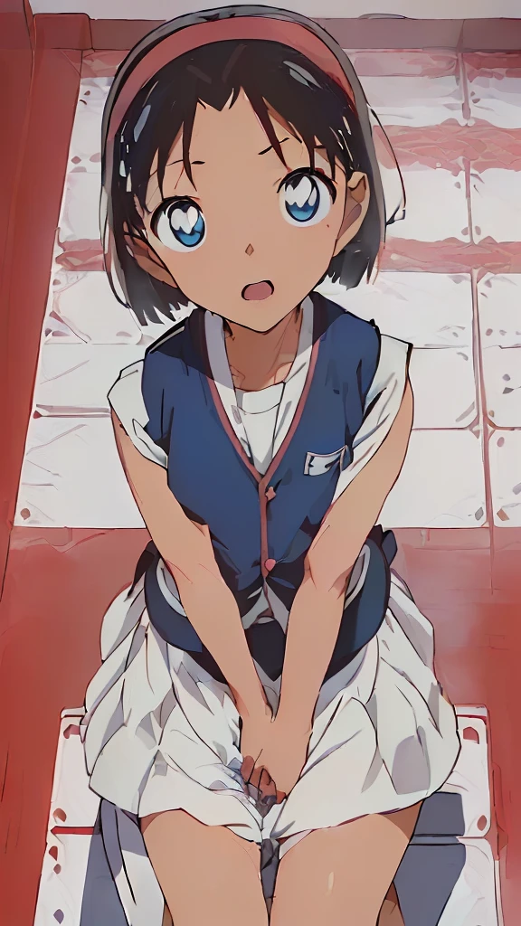 (masterpiece, best quality:1.2), highres, anime screencap, anime coloring, 1girl, solo, embarrassed, blush, 
Mrs_Nakagami, mature female, adult woman, brown hair, short hair, short ponytail, parted bangs, bangs, forehead, brown eyes, hair ornament, small breasts, 
, serafuku, blue sailor collar, white shirt, short sleeves, blue skirt, pleated skirt, 
Sitting, spread legs, pink ribbon panties, wet legs, shy, 
indoors, japanese room, looking at viewer, 
