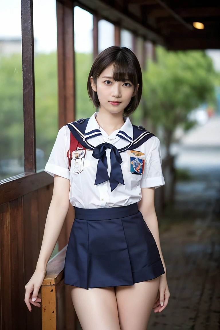 Masterpiece, hd, best quality, realistic, 1girl, brown hair, twintails, hair ribbon, yellow eyes, smile, happy, ribbon,Thai school uniform, wearing white collared shirt, short sleeves, blue neck ribbon, belt, dark blue pleated skirt, white socks, standing, outdoor, park