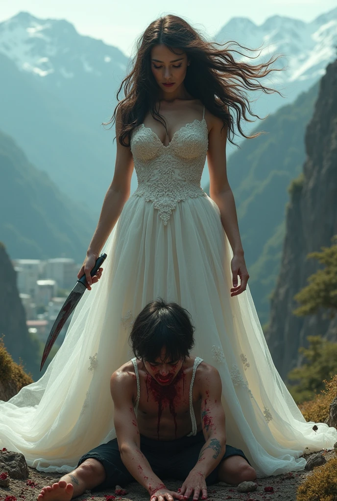 English woman 20 years old,skin fair,sparkling green eyes,dark purple hair,white gown,she is in pain, a blond haired man sticks a knife in his chest,ela esta cheia de sangue o white gown fica vermelho de sangue,forest of light scenario,scenarioposes,make-up,cinema image,品質,full body images,detailed,full body image,high resolution,((show the man sticking a knife in her chest,she is in his arms while he stabs her to death))