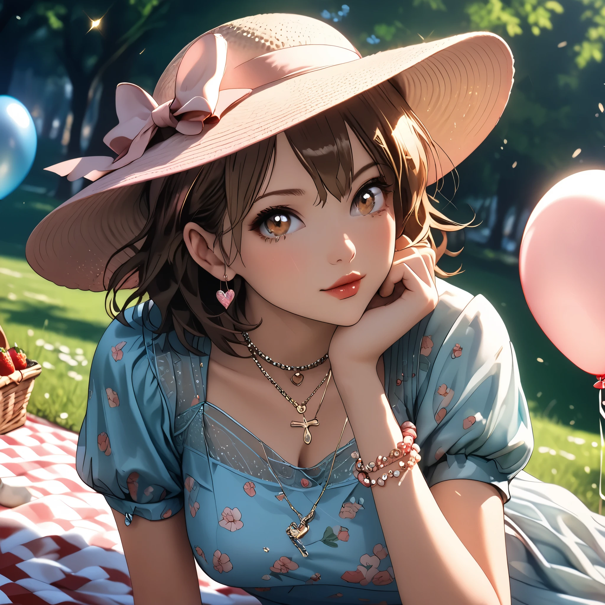(beautiful girl:1.3),1girl,masterpiece,Highest quality,Ultra-high resolution,rich contrast,super high quality,8k,Highly detailed CG unit wallpaper,texture,Incredibly absurd,Ultra-high resolution,Highest quality anime,professional photograph,an extremely delicate and beautiful,RAW Photos,Depth of Field 1.2,ultra-detailed eyes,Glitter Effect,Beautiful glossy lips, 25years old, gorgeous legs, noise perfect, gorgeous ass, dynamic pose, sensual woman, seductive woman, mature woman, Milf, maternal, shy look, full body, (type of photo: medium shot, portraying the person from head to waist), chinatsu kano, short hair, brown hair, brown eyes, medium breasts,Kano Chinatsu from the Blue Box series, Outfit: A pastel pink lace midi dress with puffed sleeves and an A-line skirt. Sandals with thin straps and a bow at the ankle. Accessories: Wide-brimmed cream hat, a necklace with a heart-shaped pendant and a pearl bracelet. Hair and makeup: Soft waves in the hair, natural makeup with pink lips and a subtle highlighter on the cheekbones. Scenario: A picnic in a flowery park, with a checkered blanket, a basket with strawberries and champagne, heart-shaped balloons floating around.